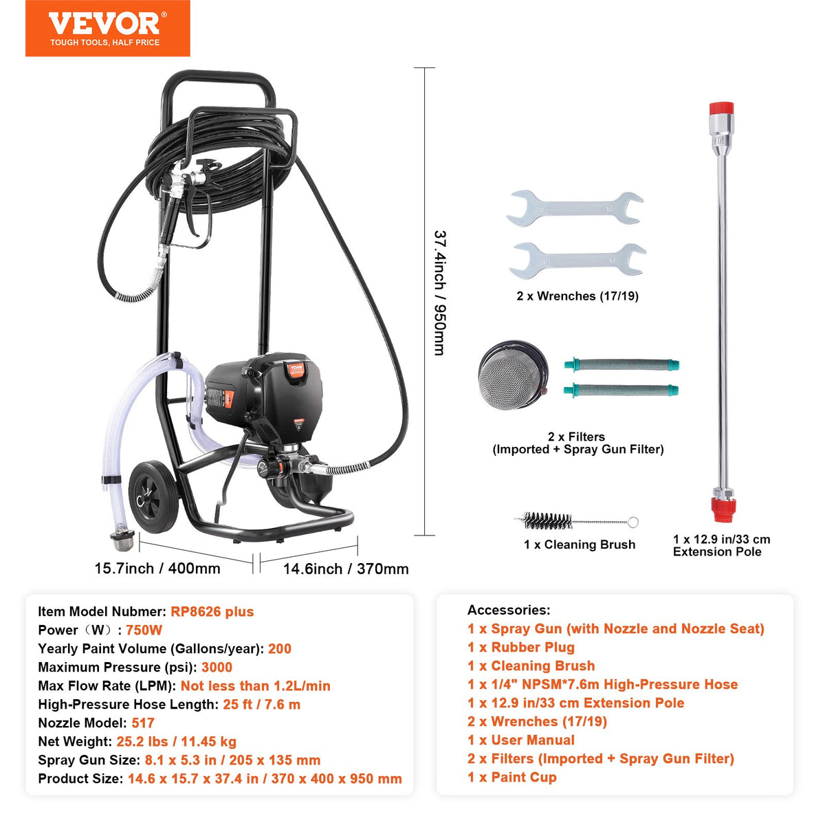 Stand Airless Paint Sprayer, 750W 3000PSI High Efficiency Electric Airless Sprayer With Cart, Fine And Even V952-ZSSGYWQPTJLS5NCXMV3