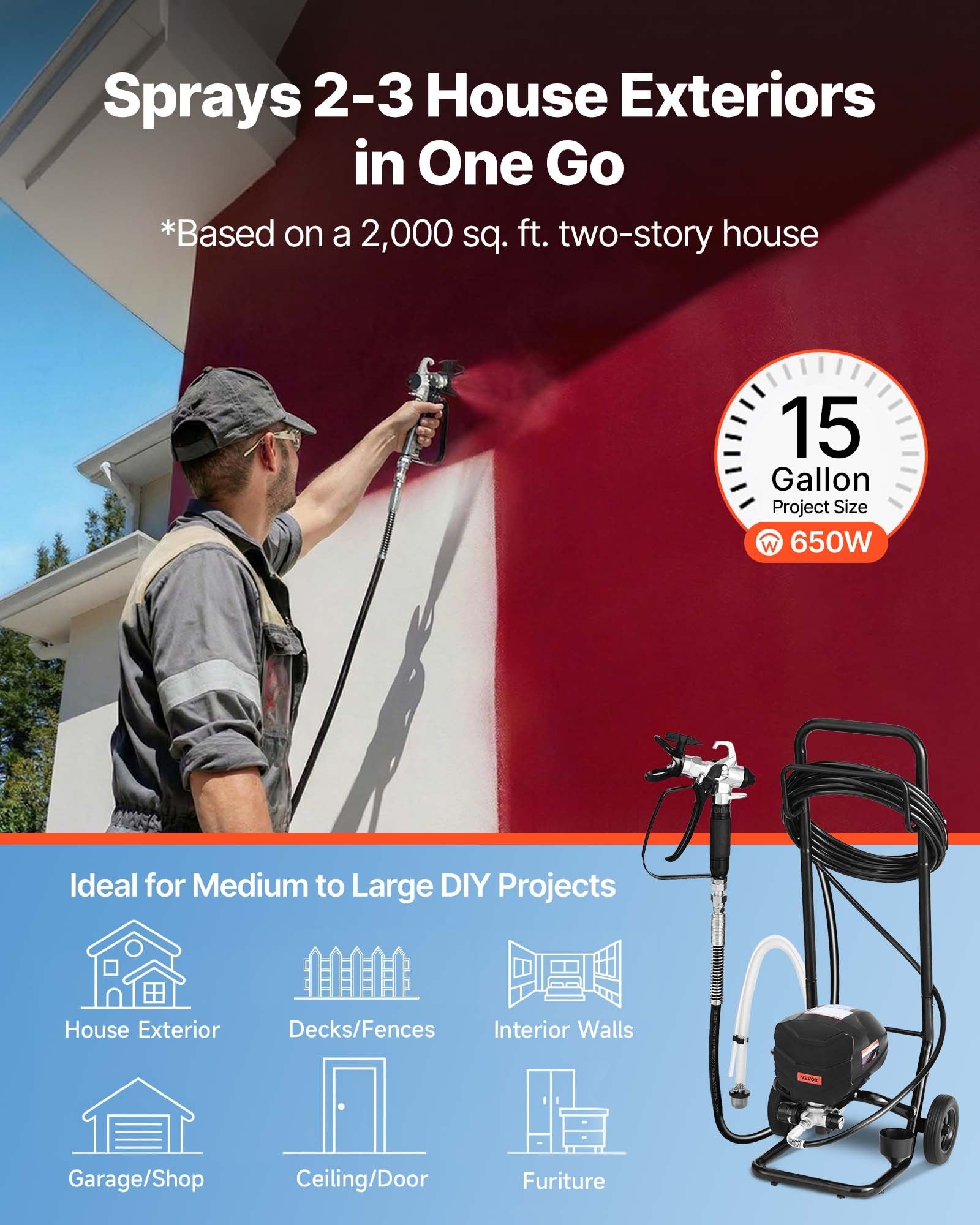 Stand Airless Paint Sprayer, 650W, 3000PSI High Pressure Airless Sprayer with Cart, Cleaning Brush, Hose, V952-ZSSPTJ650W03TBXWZ001V3