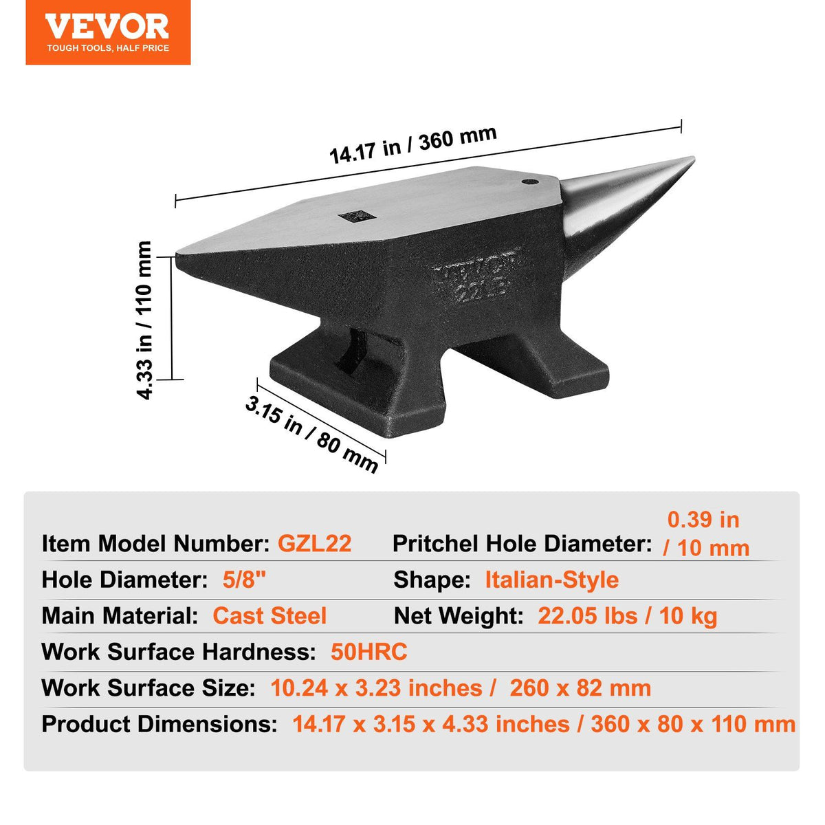 Single Horn Anvil, 22Lbs Cast Steel Anvil, High Hardness Rugged Round Horn Anvil Blacksmith, Large Countertop V952-ZT22LBITALIANJYDMV0