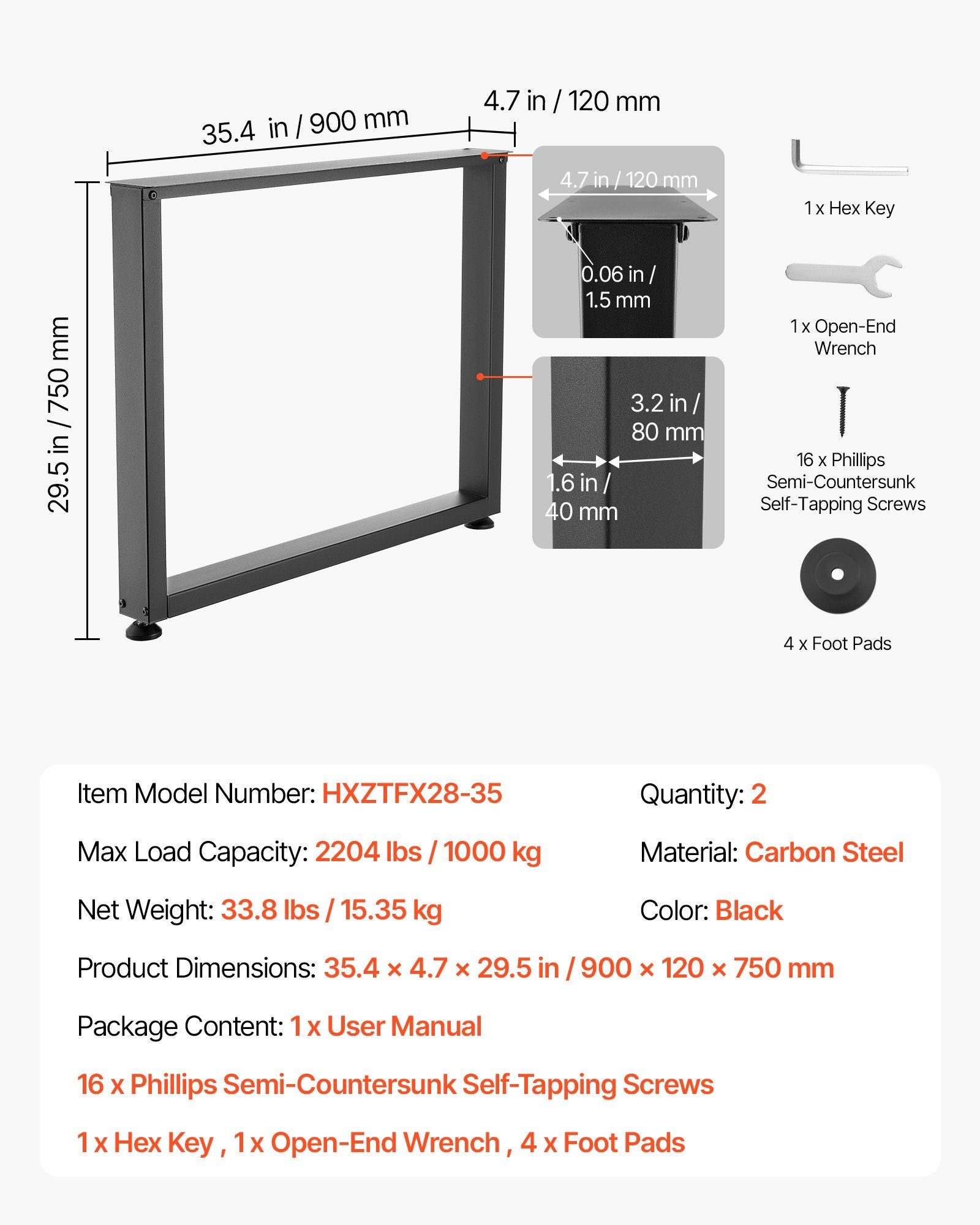 Table Legs, 750 x 900 mm (H x W) Square Steel Furniture Legs, Modular Design, Easy Assembly, 1000 kg Max Load V952-ZTCFKFX2835II5NSO001V0