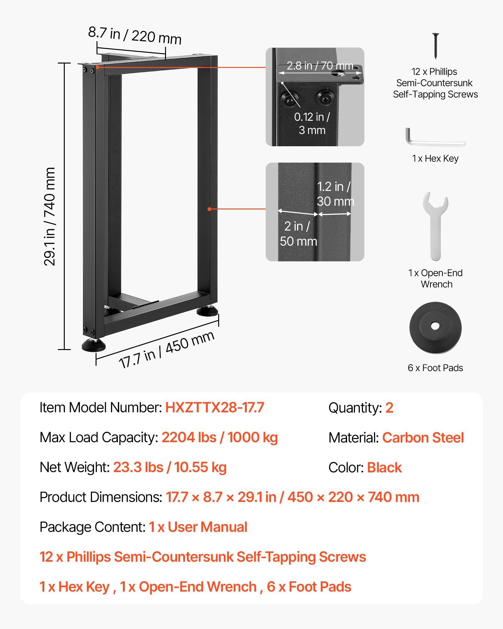 Table Legs, 740 x 450 mm (H x W) Square T Shape Steel Furniture Legs, Modular Design, Easy Assembly, 1000 kg V952-ZTCFKFXTK281F1QMG001V0