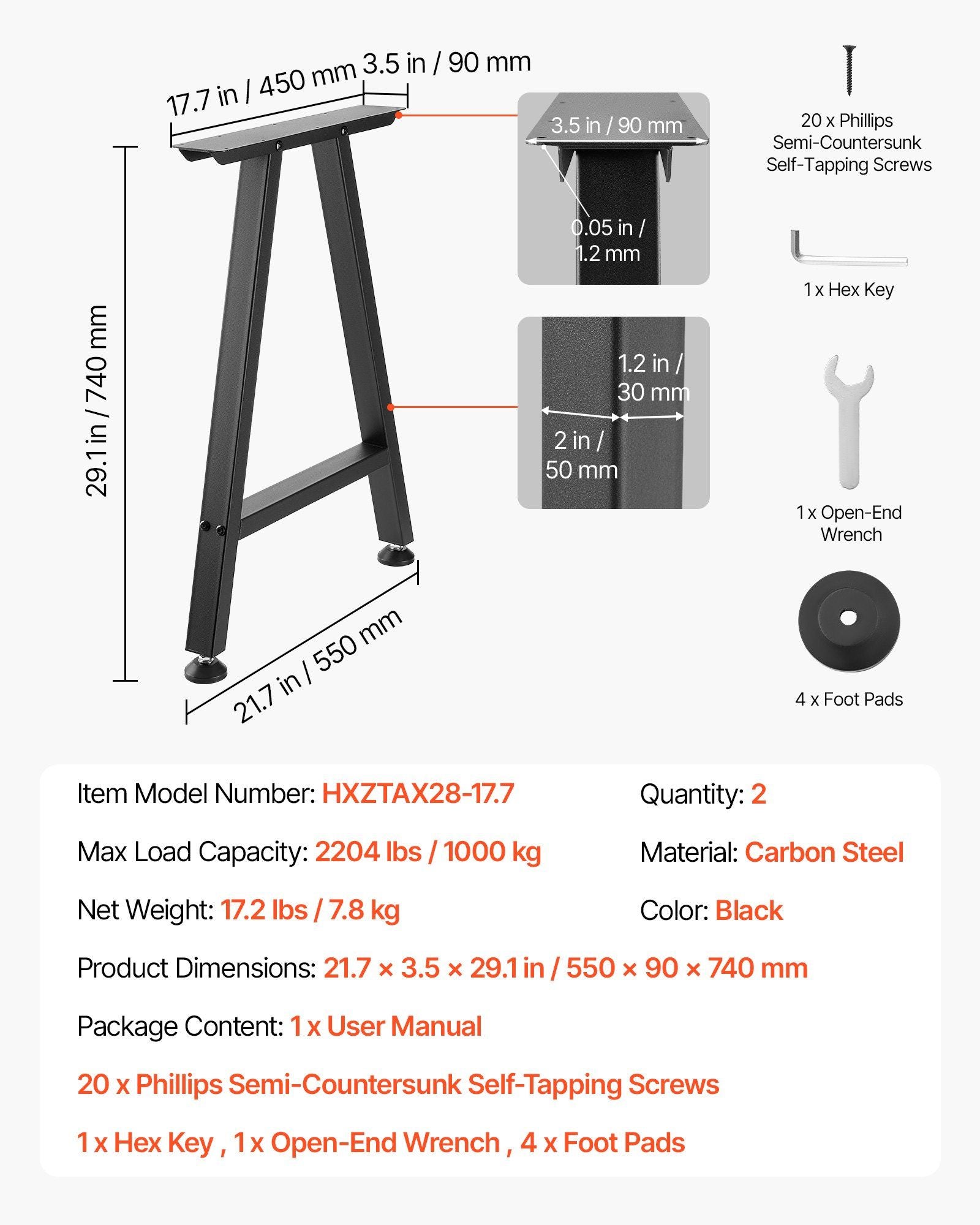 Table Legs, 740 x 550 mm (H x W) Trapezoid Steel Furniture Legs, Modular Design, Easy Assembly, 1000 kg Max V952-ZTCFKTX281772W9UW001V0