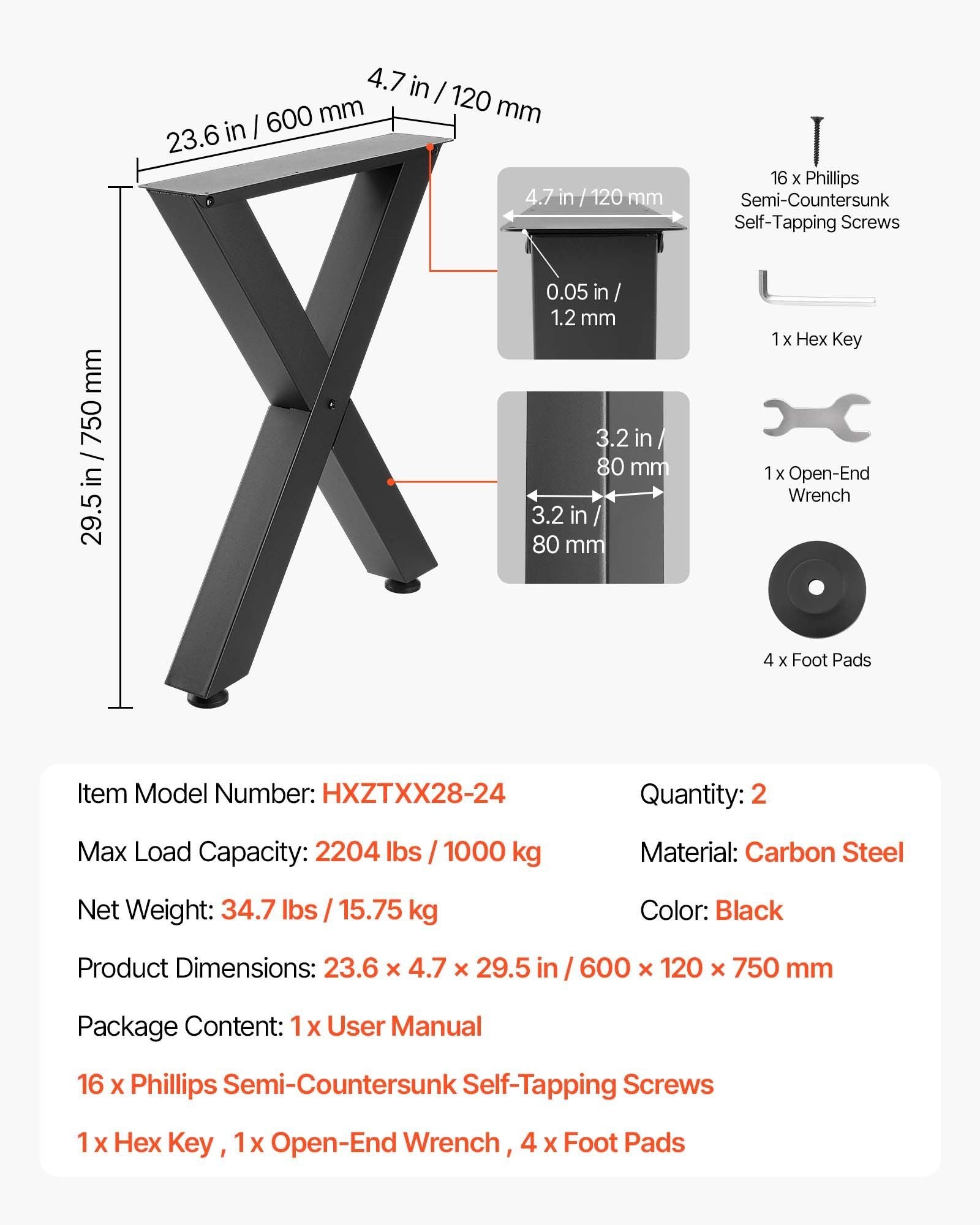 Table Legs, 750 x 600 mm (H x W) Steel Furniture Legs, Modular Design, Easy Assembly, 1000 kg Max Load Heavy V952-ZTCFKXX2824IDAGR1001V0
