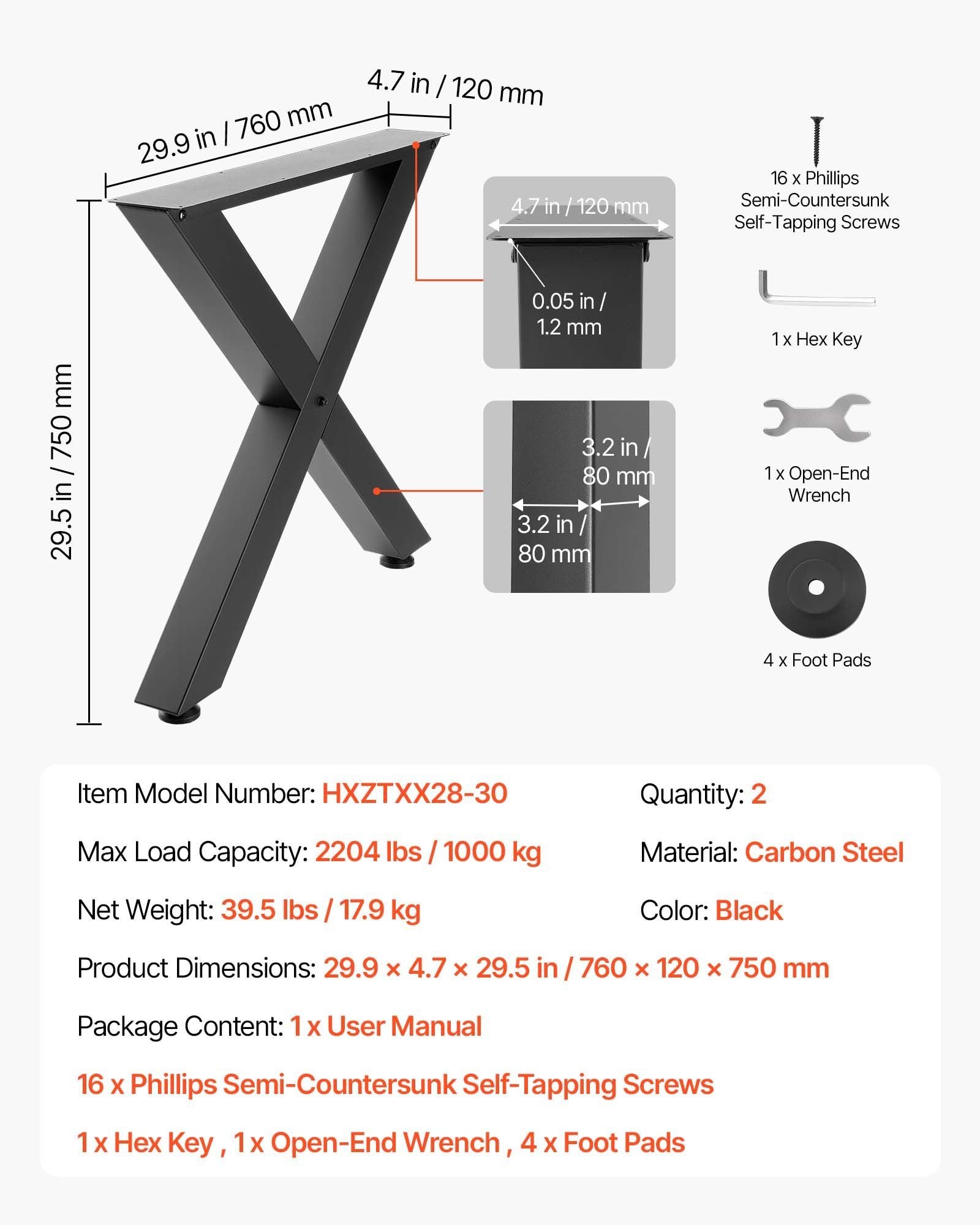 Table Legs, 750 x 760 mm (HxW) W Steel Furniture Legs, Modular Design, Easy Assembly, 1000 kg Max Load Heavy V952-ZTCFKXX2830I85NBJ001V0