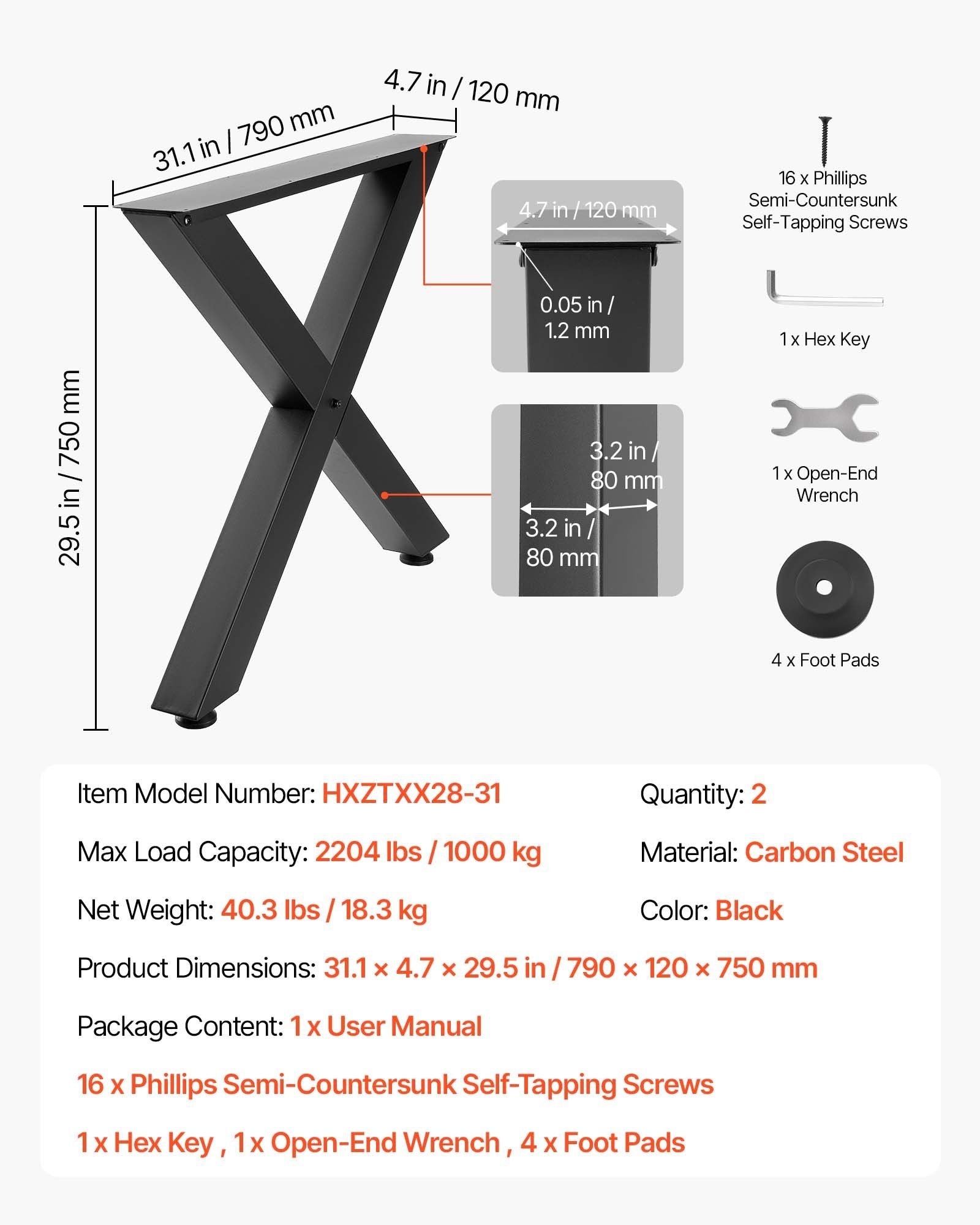 Table Legs, 750 x 790 mm (H x W) Steel Furniture Legs, Modular Design, Easy Assembly, 1000 kg Max Load Heavy V952-ZTCFKXX2831IBPCFO001V0
