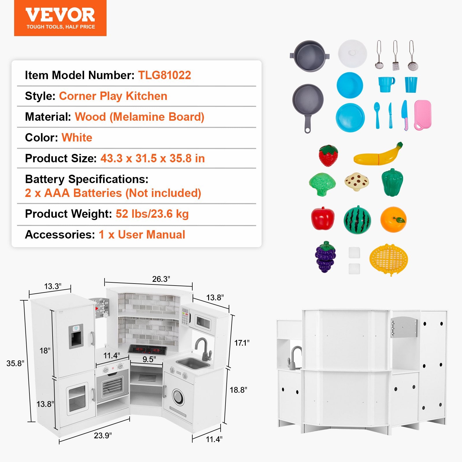 Kitchen Playset Kids Pretend Cooking Play Toy 24 Piece Accessories White V952-ZTCFWJTZBSZJNRNQAV9