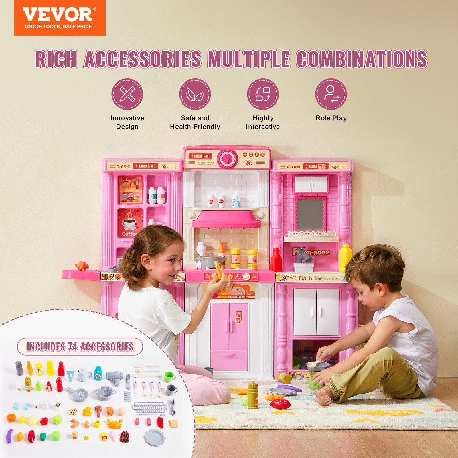Kitchen Playset Kids Pretend Cooking Play Toy 74 Piece Accessories Pink V952-ZTCFWJTZFSSHSHZQ5V0