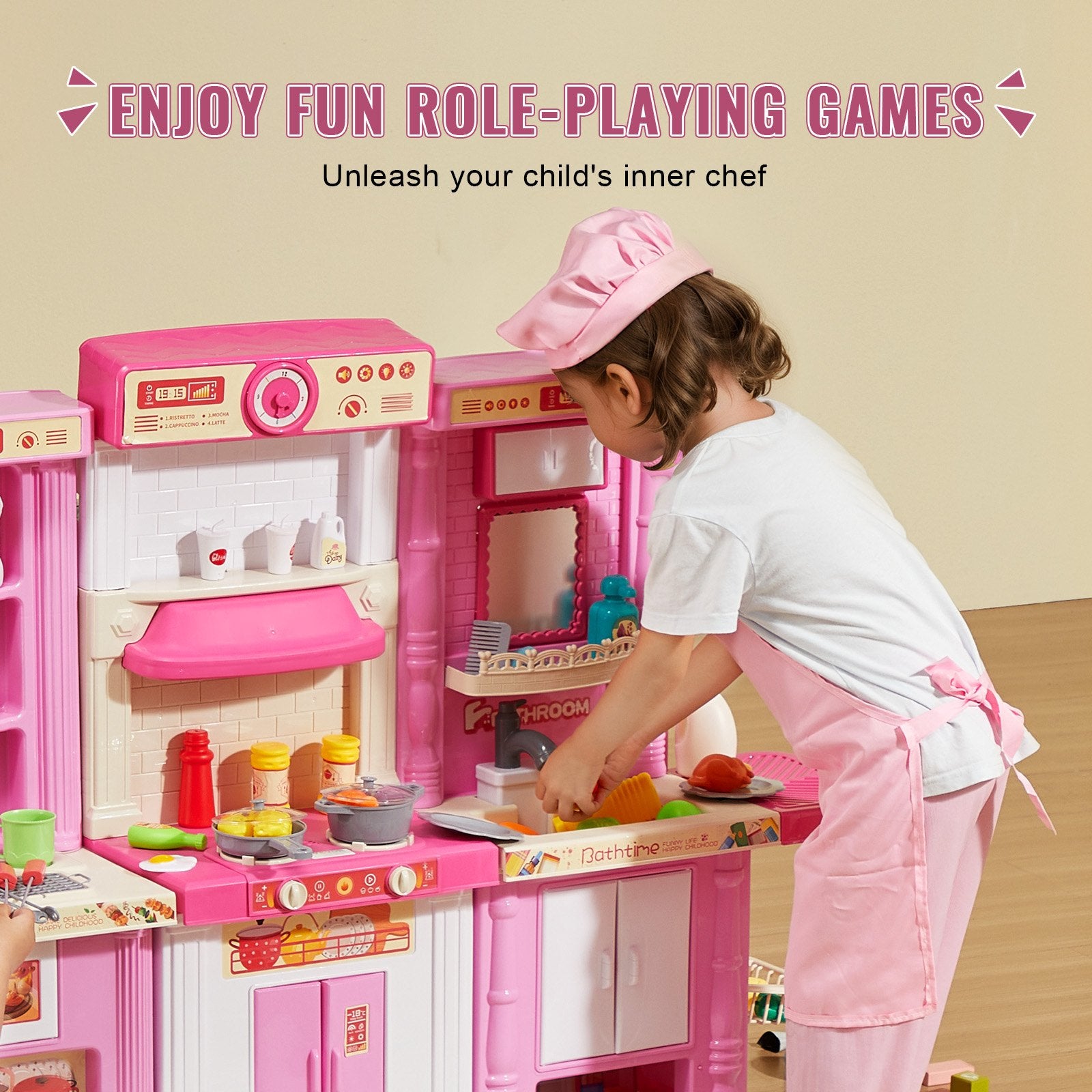 Kitchen Playset Kids Pretend Cooking Play Toy 74 Piece Accessories Pink V952-ZTCFWJTZFSSHSHZQ5V0
