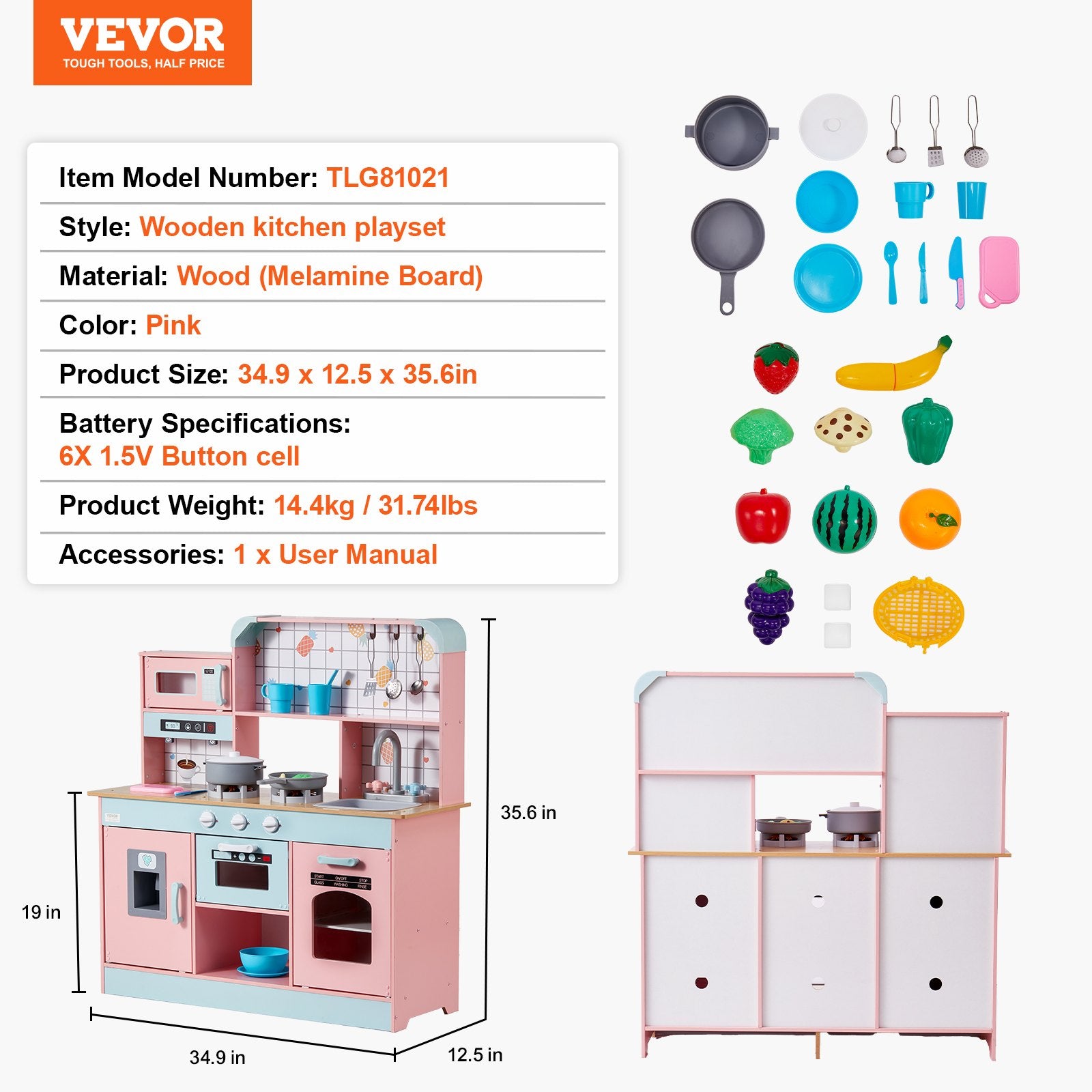 Kitchen Playset Kids Pretend Cooking Play Toy 24 Piece Accessories Pink V952-ZTCFWJTZFSYTB3XWQV9
