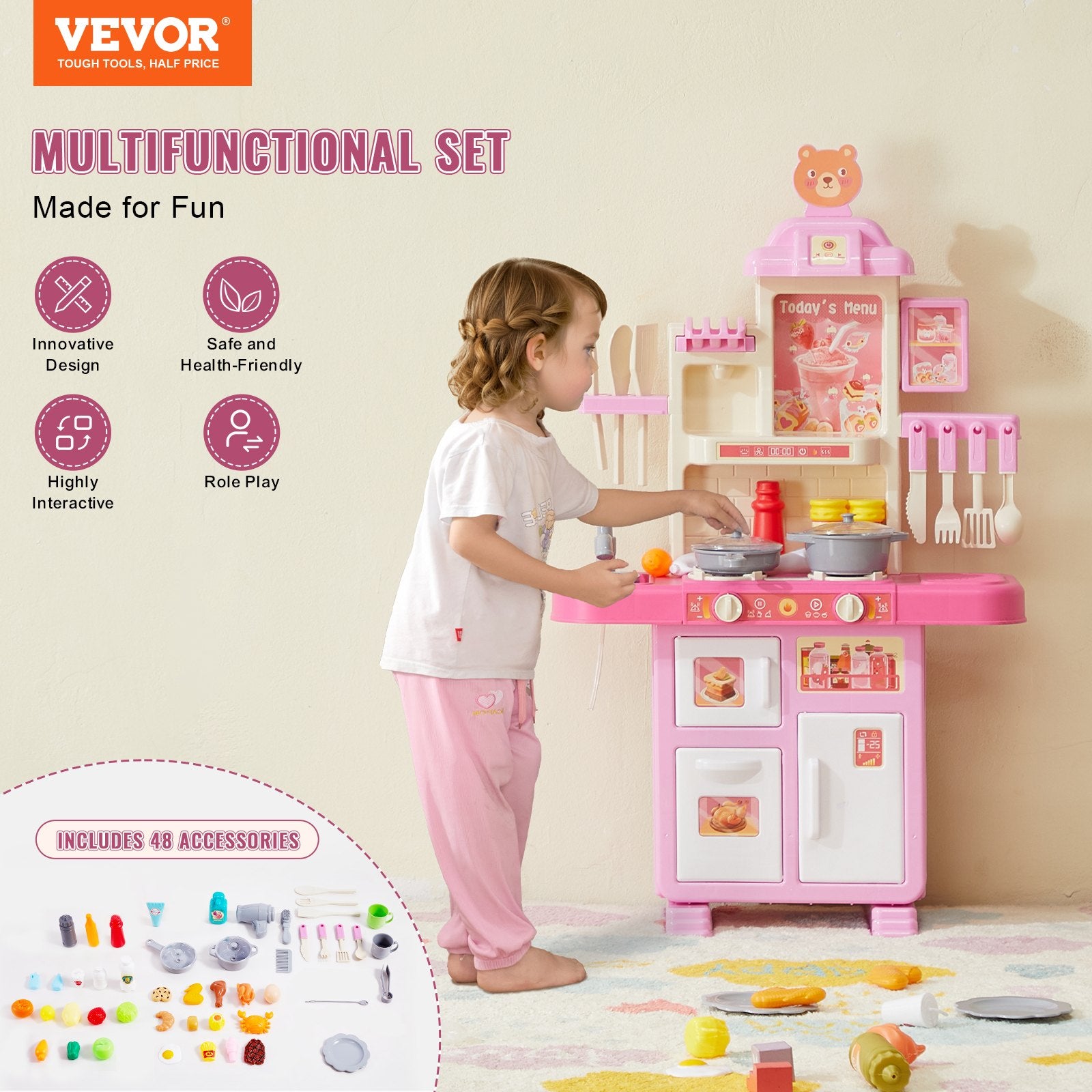 Kitchen Playset Kids Pretend Cooking Play Toy 48 Piece Accessories Pink V952-ZTCFWJTZFSYTEOYKSV9