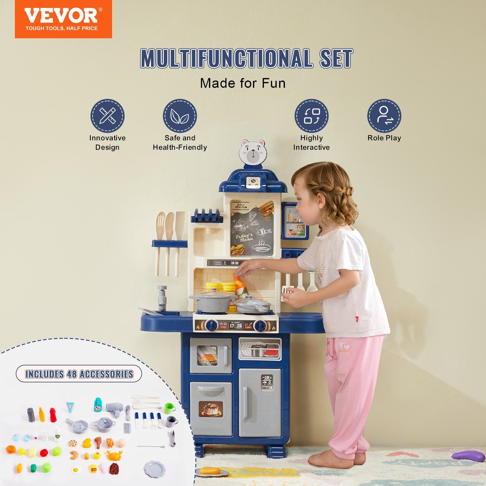 Kitchen Playset Kids Pretend Cooking Play Toy 48 Piece Accessories Blue V952-ZTCFWJTZLSYTYQH58V9