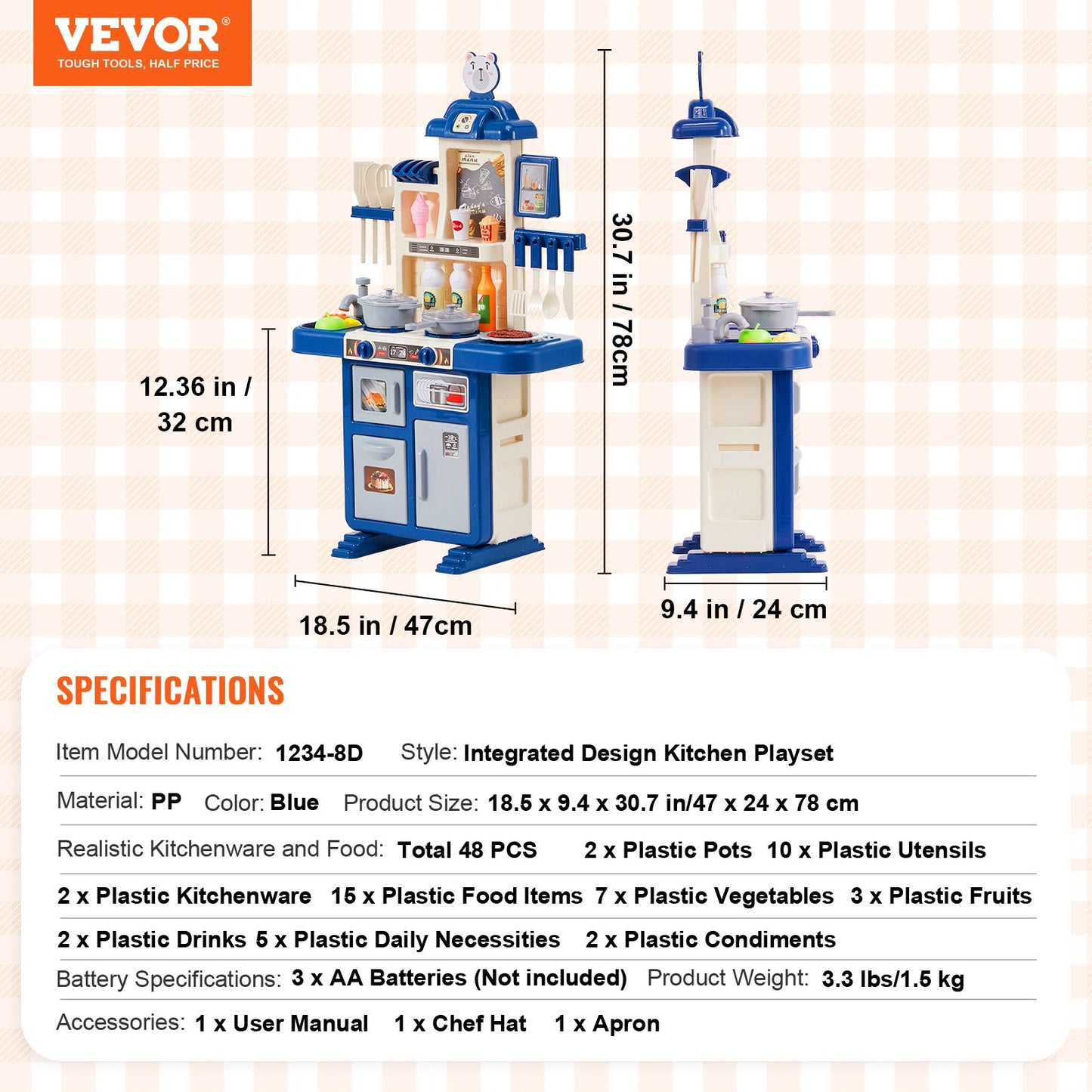 Kitchen Playset Kids Pretend Cooking Play Toy 48 Piece Accessories Blue V952-ZTCFWJTZLSYTYQH58V9