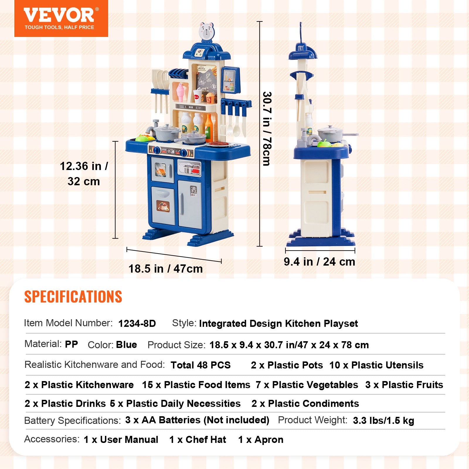 Kitchen Playset Kids Pretend Cooking Play Toy 48 Piece Accessories Blue V952-ZTCFWJTZLSYTYQH58V9