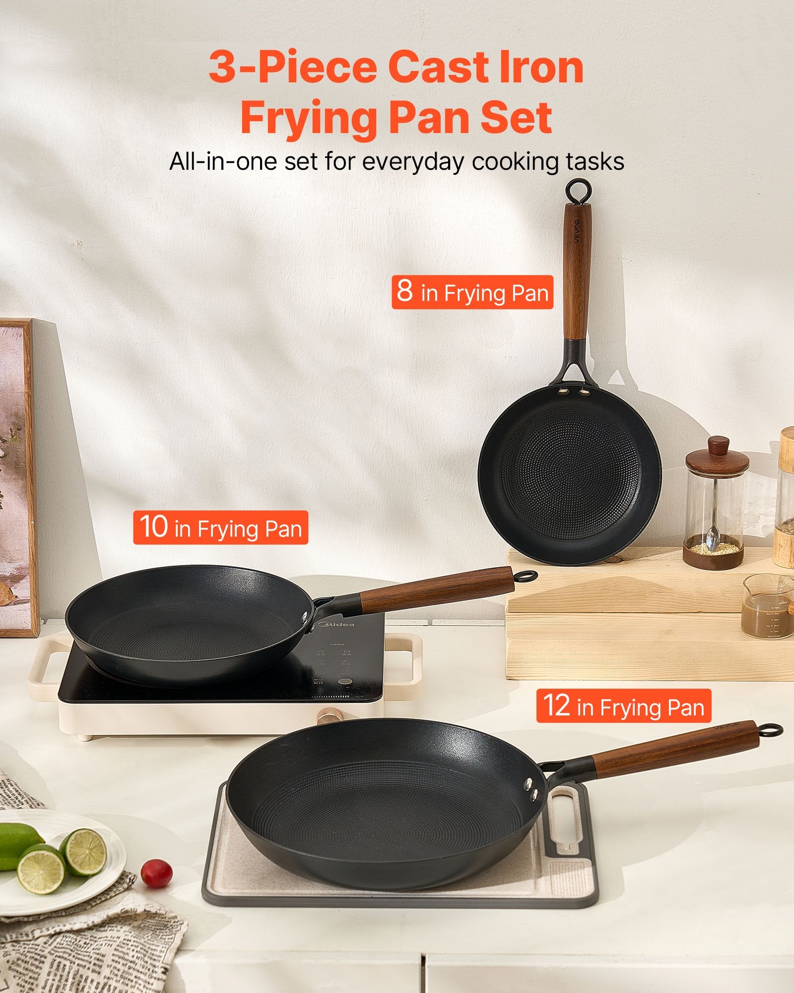 Cast Iron Skillet, 3-Piece Frying Pan Set (205, 265, 310 mm), Nonstick Skillets with Detachable Wood Handle, V952-ZTCG81012INC606UR001V0