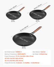 Cast Iron Skillet, 3-Piece Frying Pan Set (205, 265, 310 mm), Nonstick Skillets with Detachable Wood Handle, V952-ZTCG81012INC606UR001V0