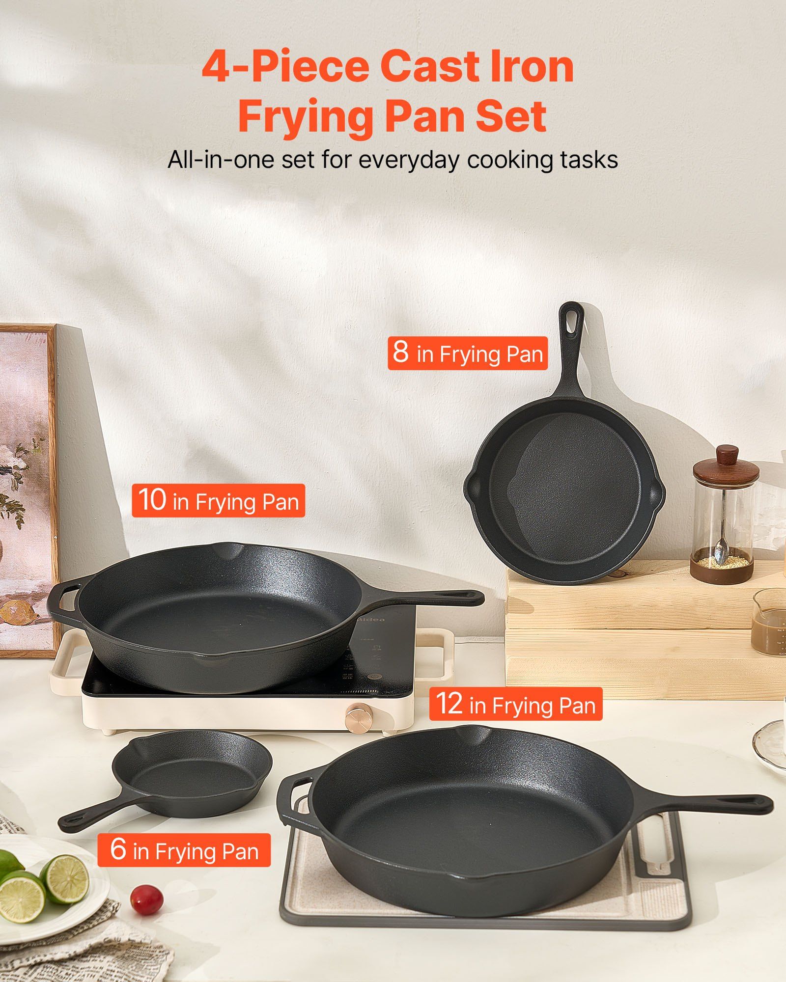 Cast Iron Skillet, 4 Pcs Frying Pan Set (155, 205, 260, 305 mm), Skillets with Heat-Resistant Silicone V952-ZTCGSJTCT681923OS001V0