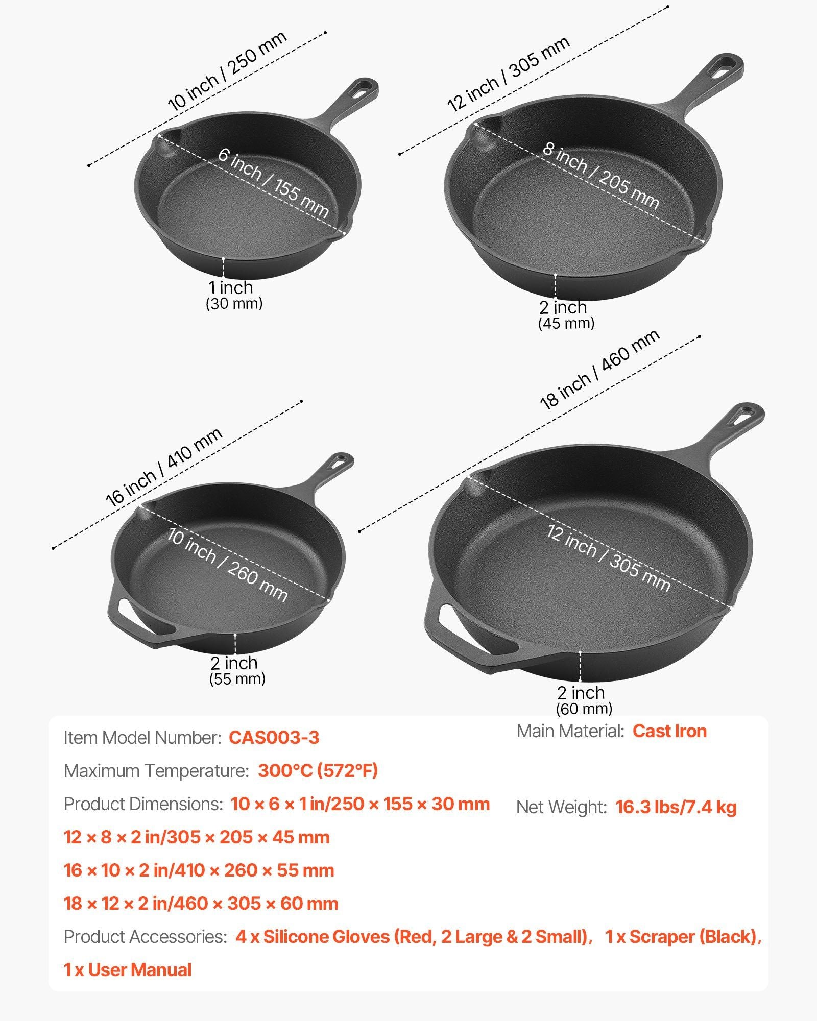 Cast Iron Skillet, 4 Pcs Frying Pan Set (155, 205, 260, 305 mm), Skillets with Heat-Resistant Silicone V952-ZTCGSJTCT681923OS001V0
