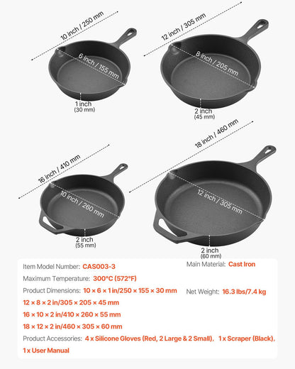 Cast Iron Skillet, 4 Pcs Frying Pan Set (155, 205, 260, 305 mm), Skillets with Heat-Resistant Silicone V952-ZTCGSJTCT681923OS001V0