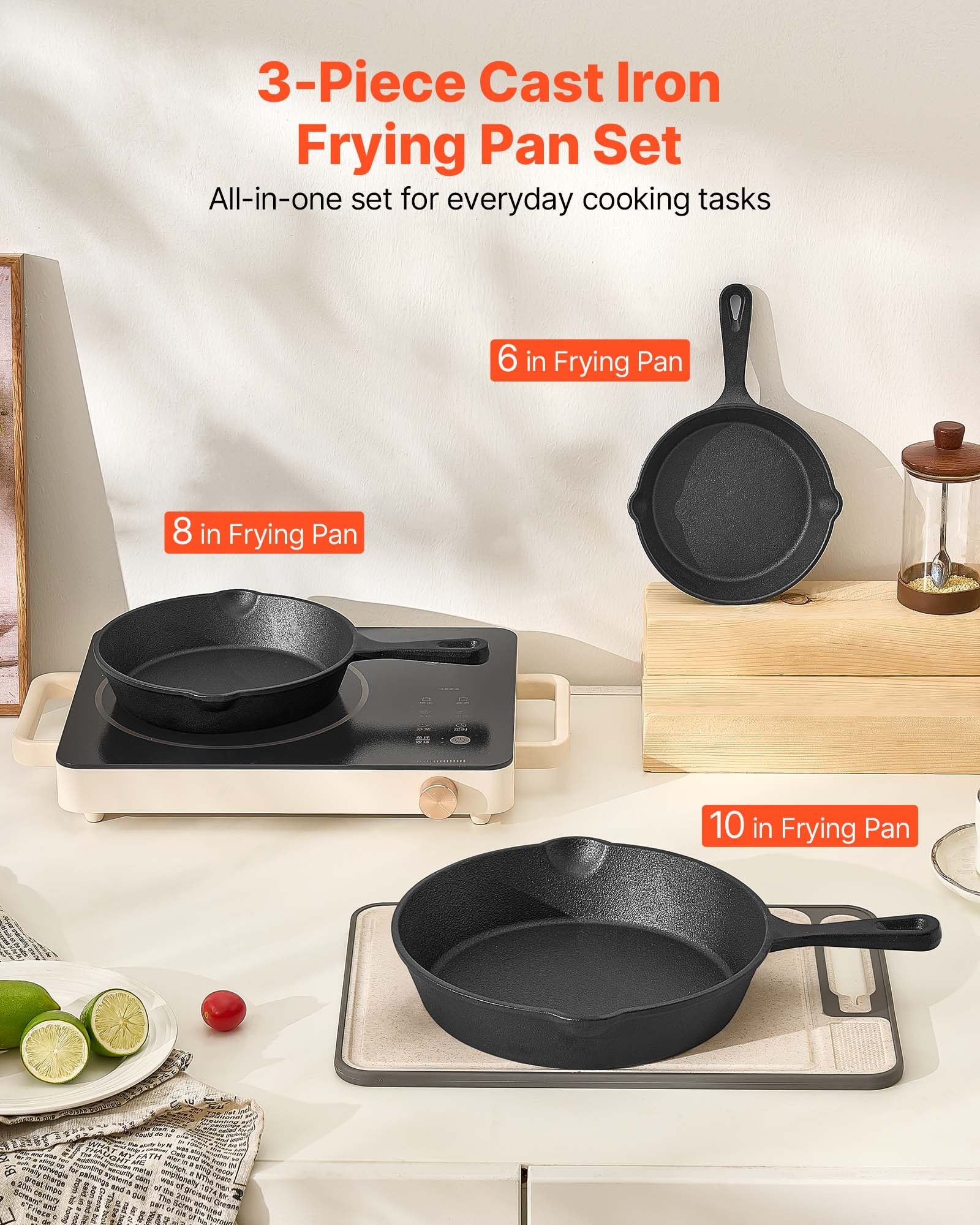 Cast Iron Skillet, 3 Pcs Frying Pan Set (160, 220, 265 mm), Heavy-Duty Skillets with Heat-Resistant Handle, V952-ZTCGSJTCT681KMJDP001V0