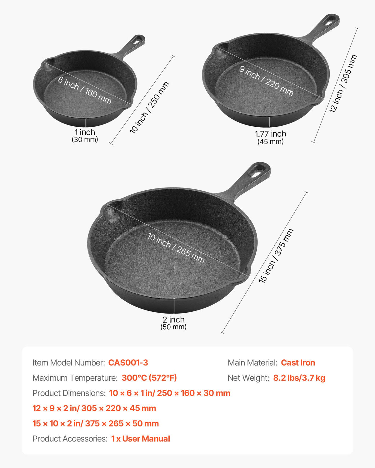 Cast Iron Skillet, 3 Pcs Frying Pan Set (160, 220, 265 mm), Heavy-Duty Skillets with Heat-Resistant Handle, V952-ZTCGSJTCT681KMJDP001V0