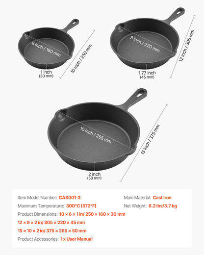 Cast Iron Skillet, 3 Pcs Frying Pan Set (160, 220, 265 mm), Heavy-Duty Skillets with Heat-Resistant Handle, V952-ZTCGSJTCT681KMJDP001V0