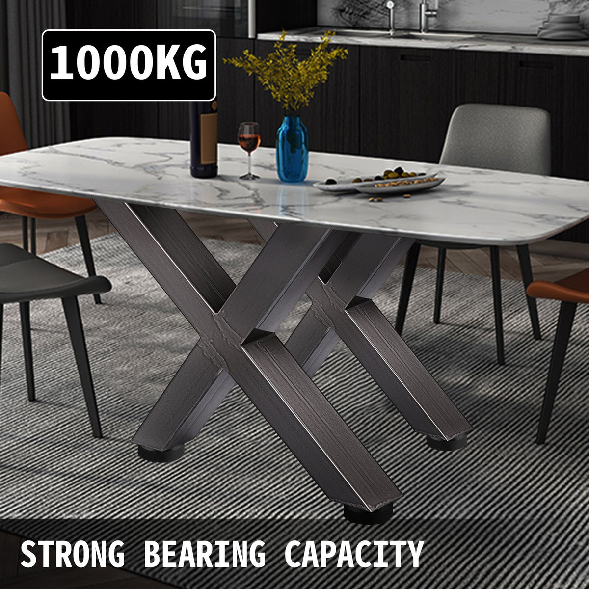 Set of 2 Steel Table Legs, 28'Height 24'Wide Dining Table Legs, Heavy Duty 3.1" Square Box Section X Frame V952-ZTCX720X600MM0001V0