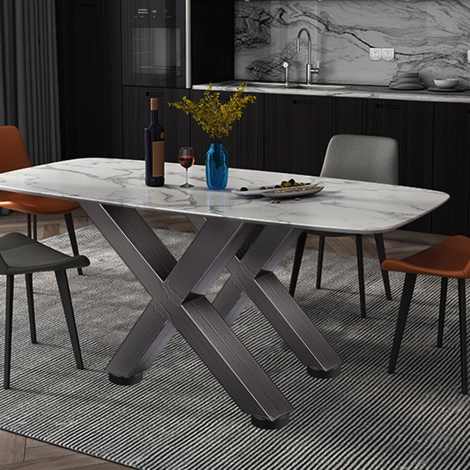Set of 2 Steel Table Legs, 28'Height 24'Wide Dining Table Legs, Heavy Duty 3.1" Square Box Section X Frame V952-ZTCX720X600MM0001V0