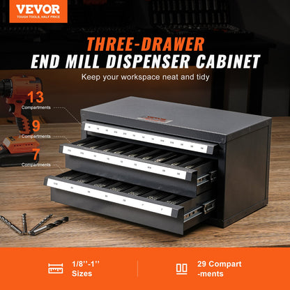 End Mill Dispenser Cabinet, Three-Drawer End Mill Organizer Cabinet for 1/8" to 1", Steel End Mill Dispenser V952-ZTFPGJX18D1SM1MR6V0