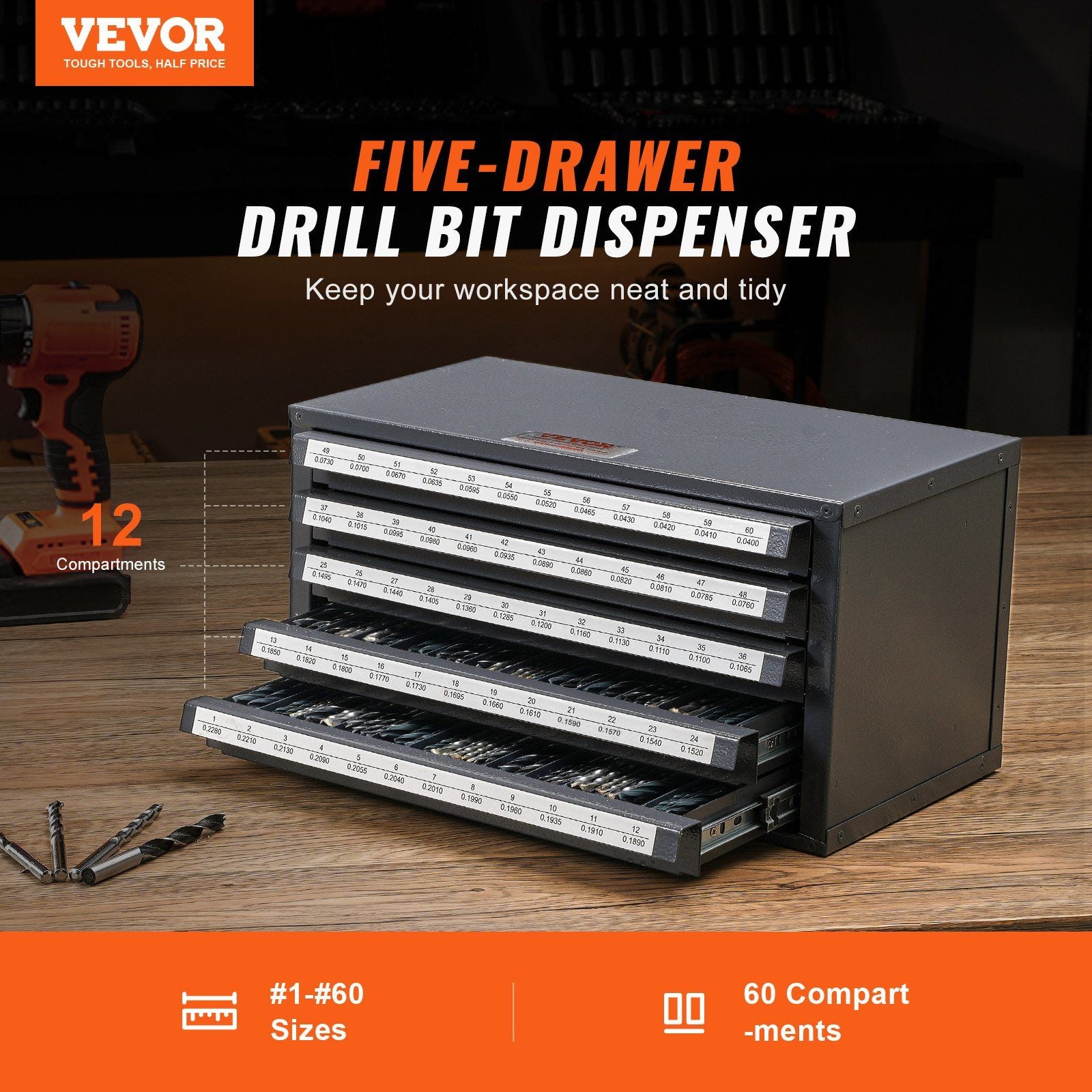 Drill Bit Dispenser Cabinet, Five-Drawer Drill Bit Organizer Cabinet for #1 to #60 Steel Drill Dispenser V952-ZTFPGJX1D60WON2CZV0
