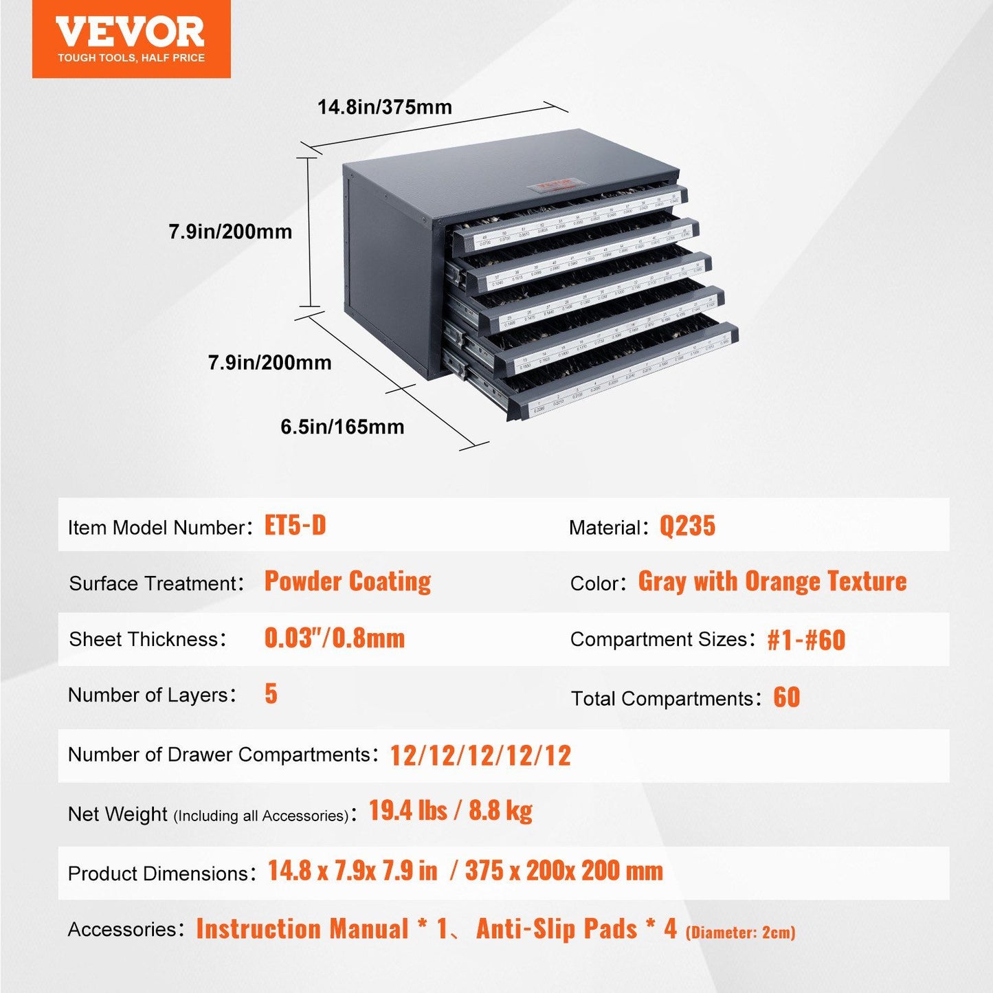 Drill Bit Dispenser Cabinet, Five-Drawer Drill Bit Organizer Cabinet for #1 to #60 Steel Drill Dispenser V952-ZTFPGJX1D60WON2CZV0