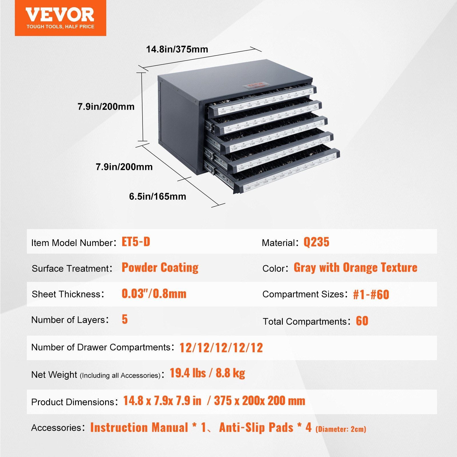 Drill Bit Dispenser Cabinet, Five-Drawer Drill Bit Organizer Cabinet for #1 to #60 Steel Drill Dispenser V952-ZTFPGJX1D60WON2CZV0