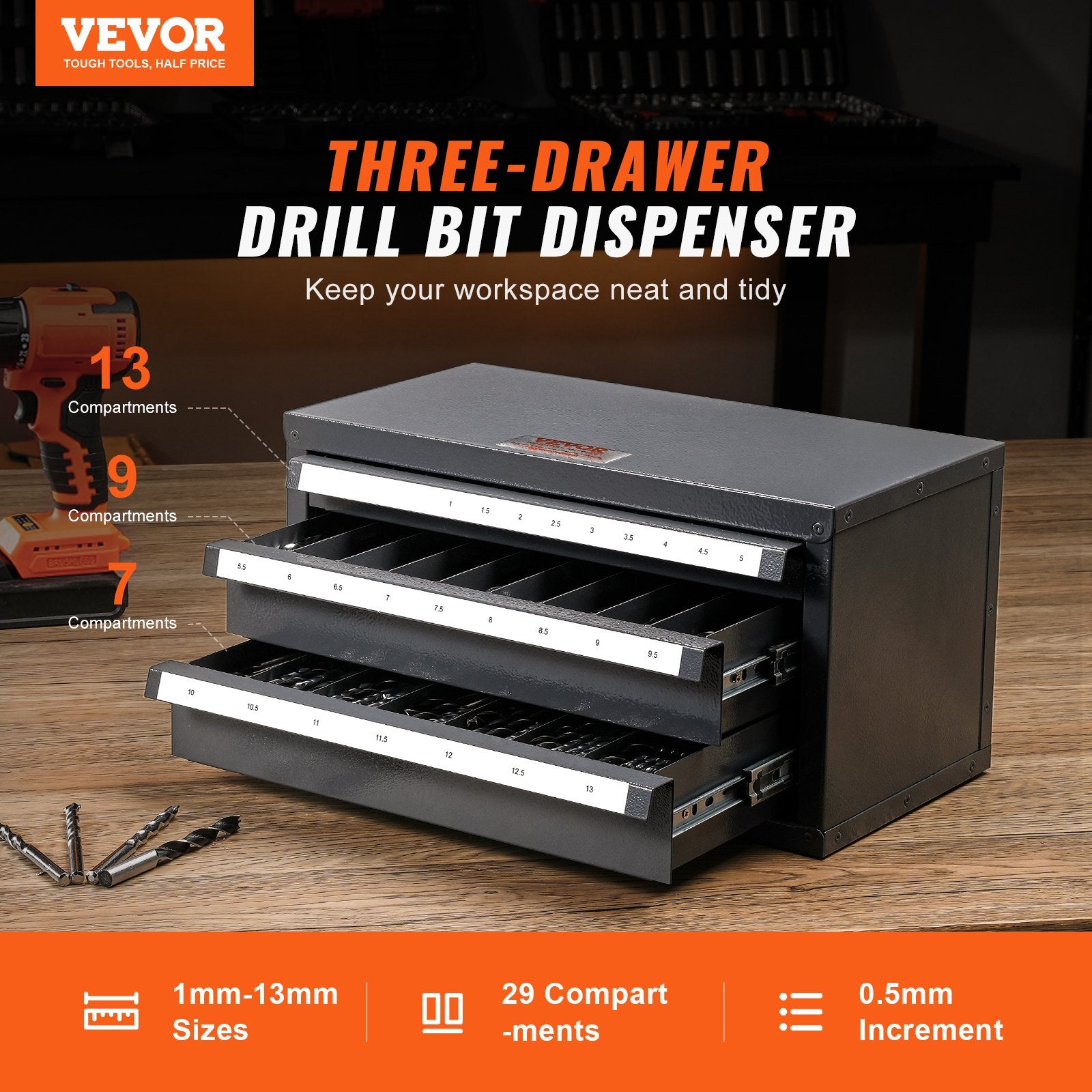 Drill Bit Dispenser Cabinet, Three-Drawer Drill Bit Organizer Cabinet for 1mm to 13mm, Steel Drill Dispenser V952-ZTFPGJX1MMD1B8D3JV0