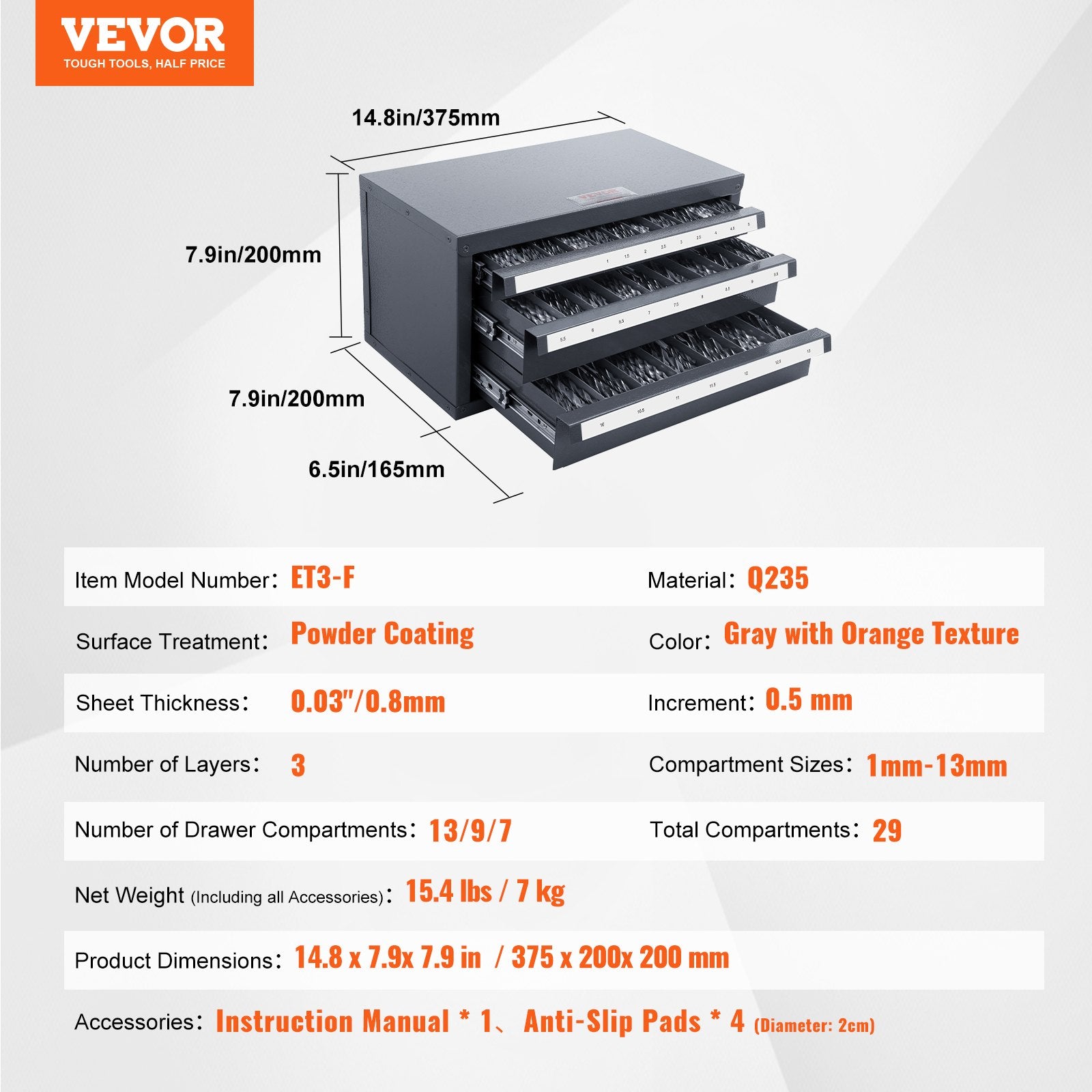 Drill Bit Dispenser Cabinet, Three-Drawer Drill Bit Organizer Cabinet for 1mm to 13mm, Steel Drill Dispenser V952-ZTFPGJX1MMD1B8D3JV0