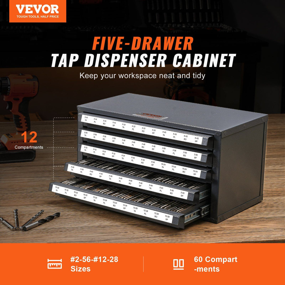Tap Dispenser Cabinet, Five-Drawer Tap Organizer Cabinet for #2-56-#12-28 Steel Tap Dispenser Organizer V952-ZTFPGJX256D1DU5WJV0
