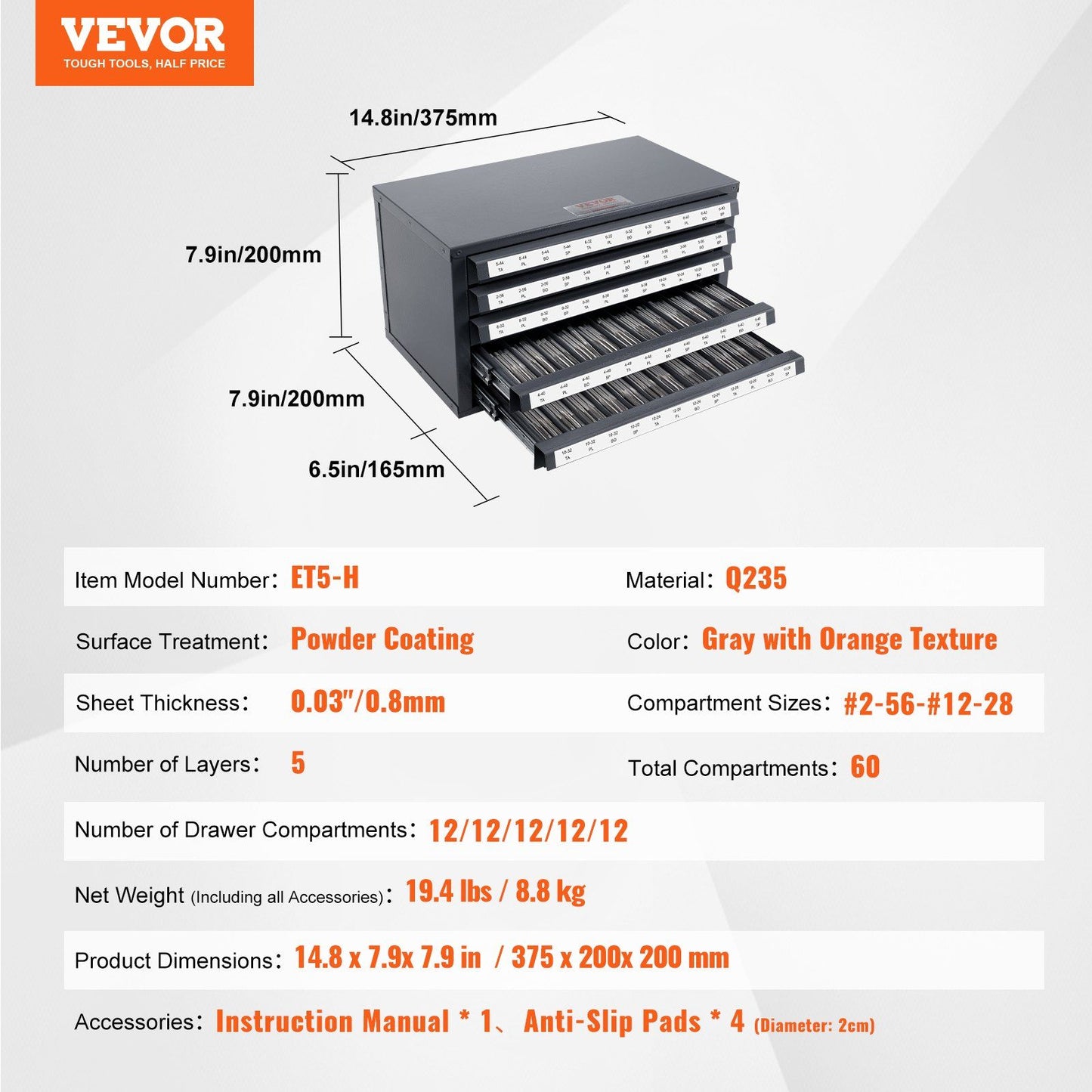 Tap Dispenser Cabinet, Five-Drawer Tap Organizer Cabinet for #2-56-#12-28 Steel Tap Dispenser Organizer V952-ZTFPGJX256D1DU5WJV0