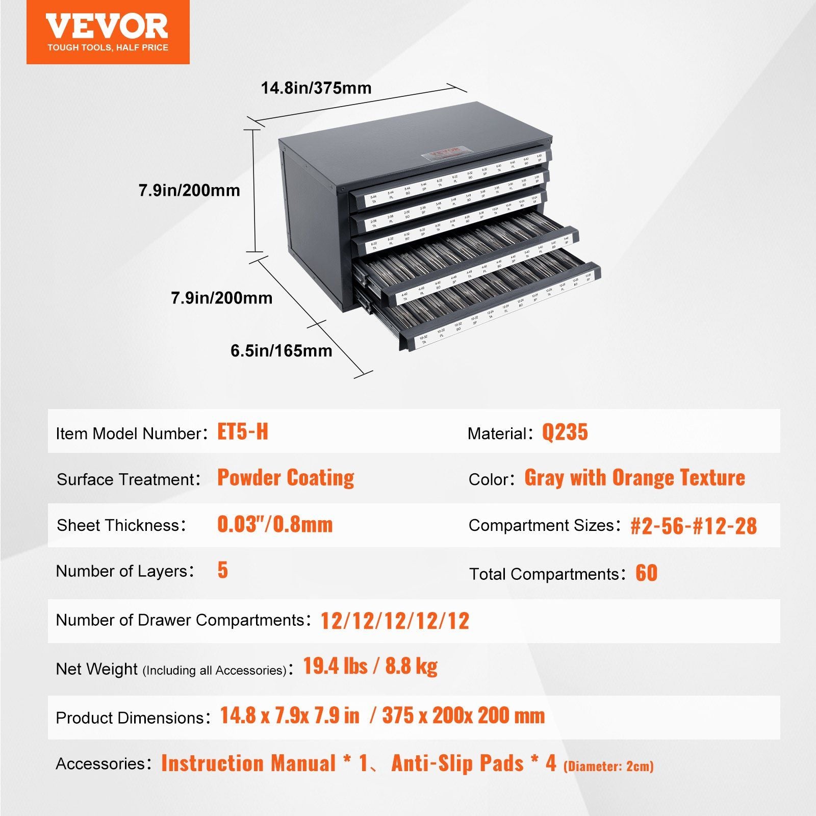 Tap Dispenser Cabinet, Five-Drawer Tap Organizer Cabinet for #2-56-#12-28 Steel Tap Dispenser Organizer V952-ZTFPGJX256D1DU5WJV0