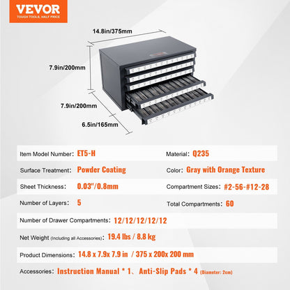 Tap Dispenser Cabinet, Five-Drawer Tap Organizer Cabinet for #2-56-#12-28 Steel Tap Dispenser Organizer V952-ZTFPGJX256D1DU5WJV0