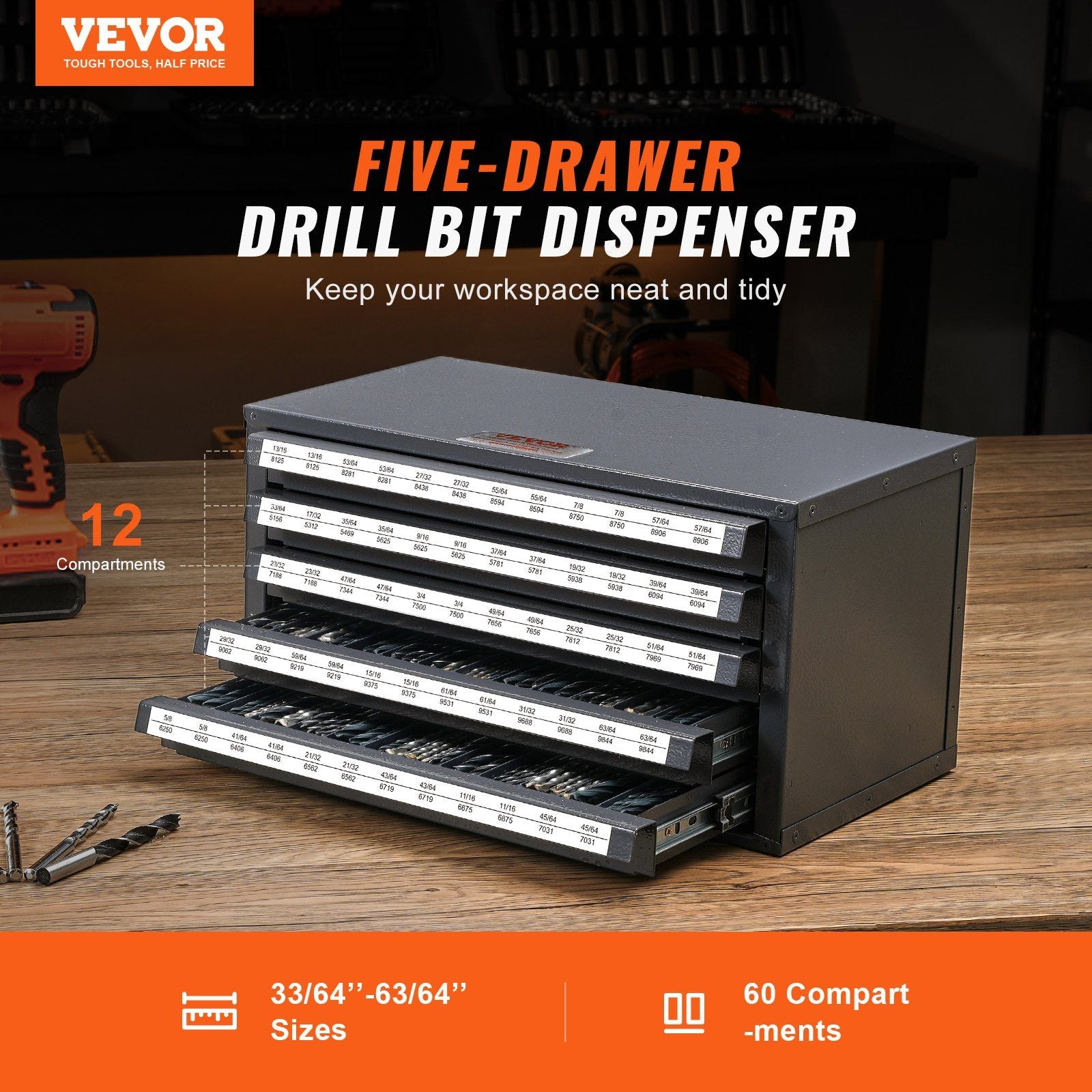 Drill Bit Dispenser Cabinet, Five-Drawer Drill Bit Organizer Cabinet for 33/64" to 63/64" Steel Drill V952-ZTFPGJX3364D1XNGFV0