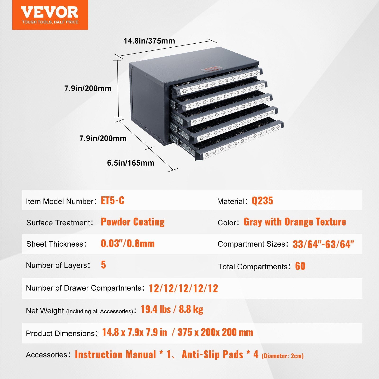 Drill Bit Dispenser Cabinet, Five-Drawer Drill Bit Organizer Cabinet for 33/64" to 63/64" Steel Drill V952-ZTFPGJX3364D1XNGFV0