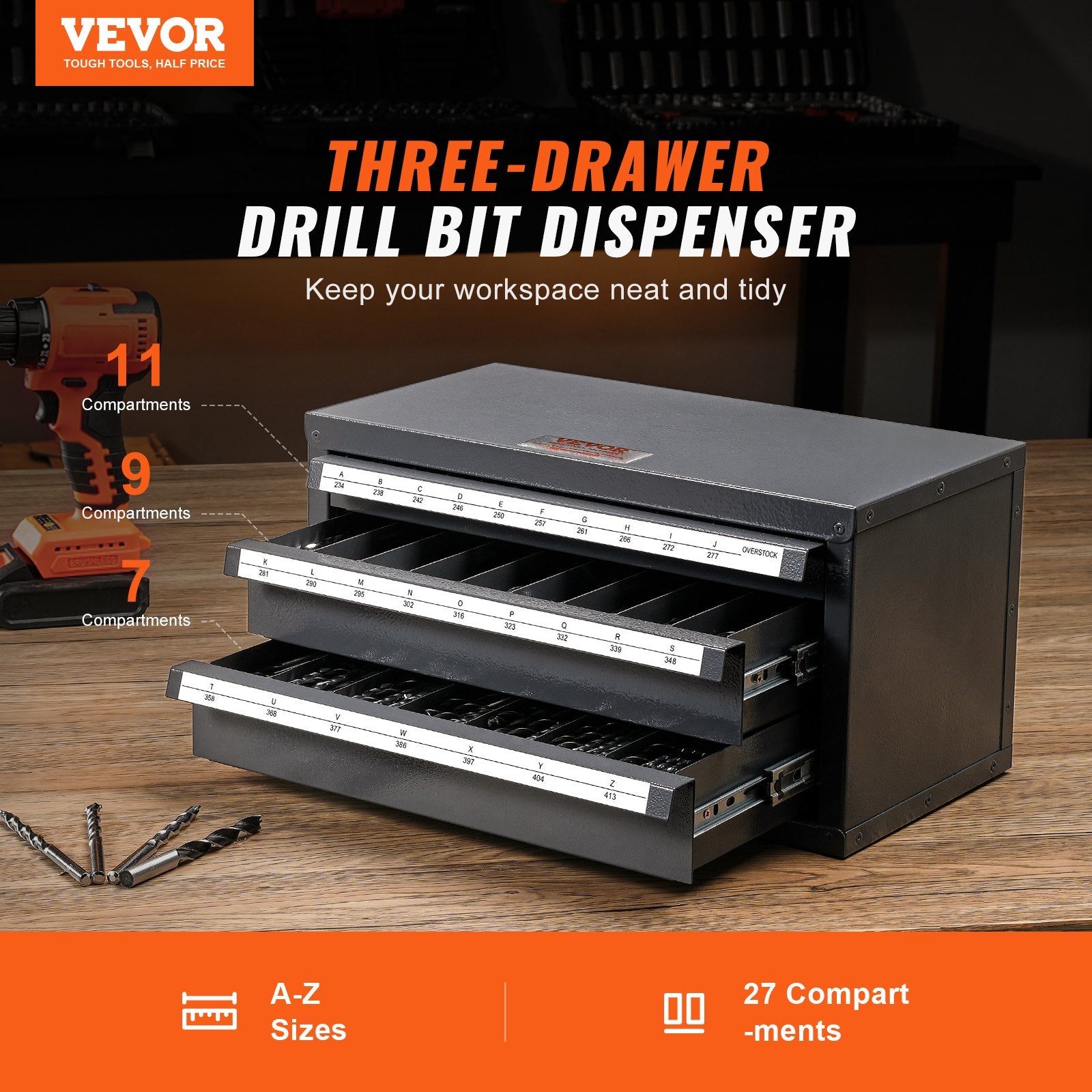 Drill Bit Dispenser Cabinet, Three-Drawer Drill Bit Organizer Cabinet for A to Z, Steel Drill Dispenser V952-ZTFPGJXADZSCZ52E8V0