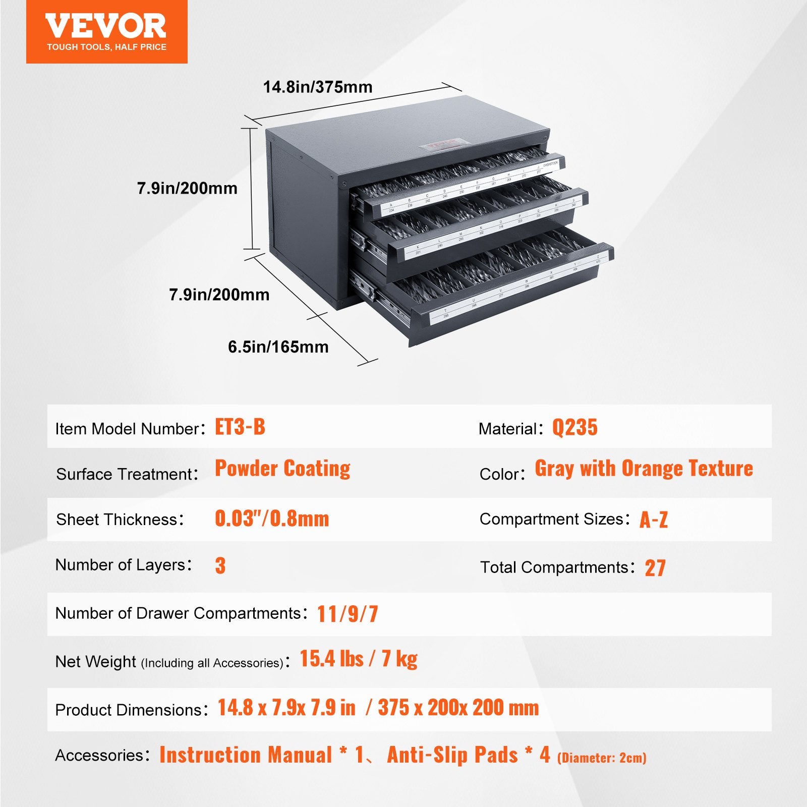Drill Bit Dispenser Cabinet, Three-Drawer Drill Bit Organizer Cabinet for A to Z, Steel Drill Dispenser V952-ZTFPGJXADZSCZ52E8V0