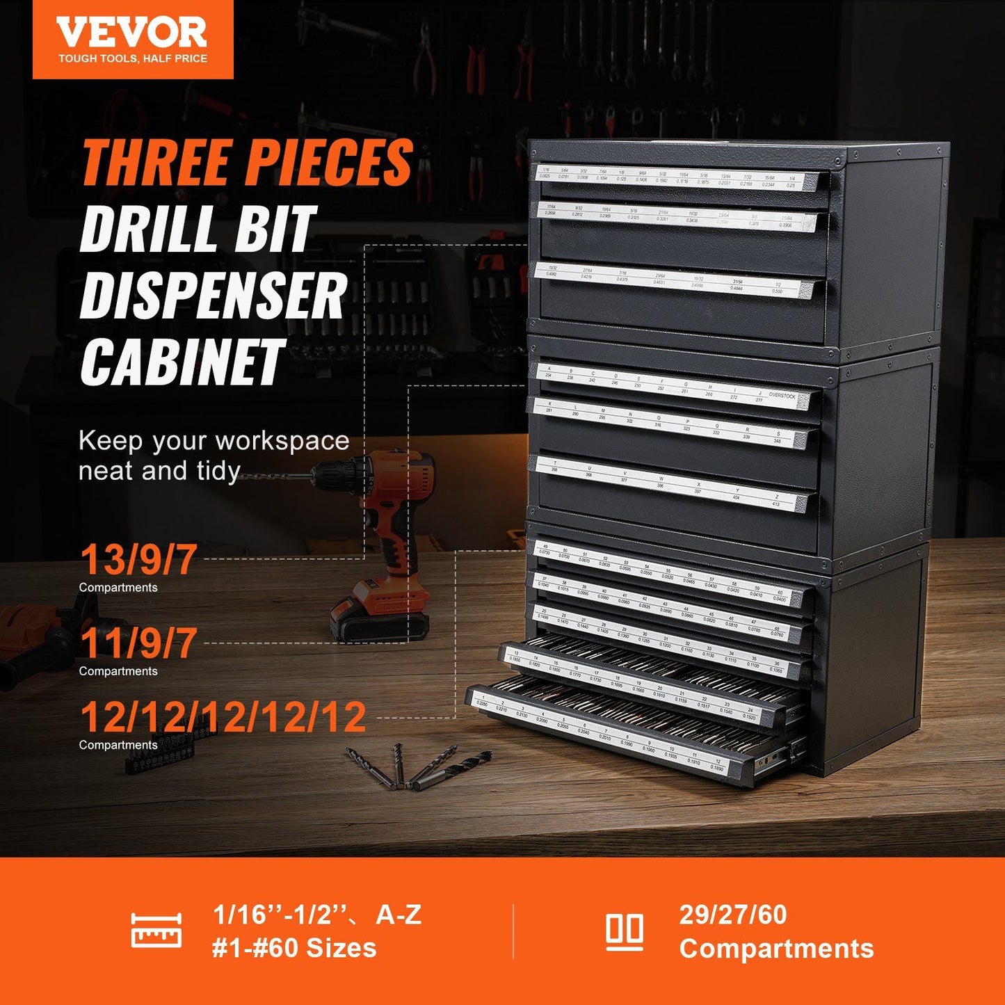Drill Bit Dispenser Cabinet, 3 Pieces Three-Drawer for 1/16" to 1/2" & Letter Sizes A to Z, Five-Drawer Drill V952-ZTFPGJXWSJTZQHBVLV0