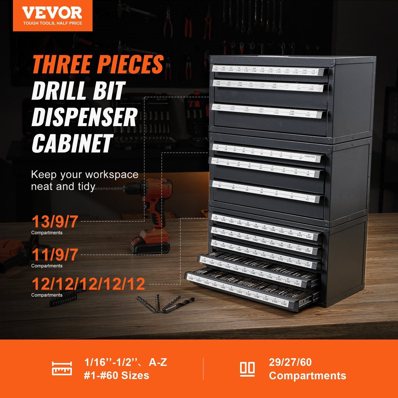 Drill Bit Dispenser Cabinet, 3 Pieces Three-Drawer for 1/16" to 1/2" & Letter Sizes A to Z, Five-Drawer Drill V952-ZTFPGJXWSJTZQHBVLV0