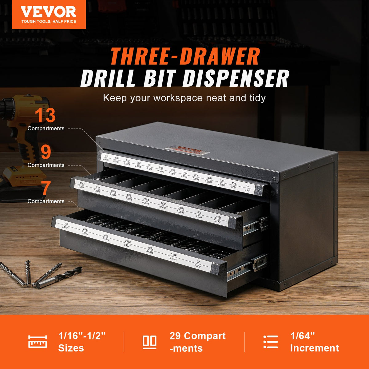 Drill Bit Dispenser Cabinet, Three-Drawer Drill Bit Organizer Cabinet for 1/16" to 1/2", Steel Drill V952-ZTFPGJXZTSCT6N0G8V0