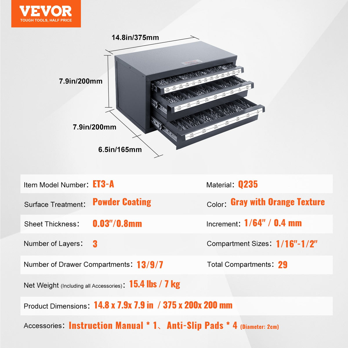 Drill Bit Dispenser Cabinet, Three-Drawer Drill Bit Organizer Cabinet for 1/16" to 1/2", Steel Drill V952-ZTFPGJXZTSCT6N0G8V0