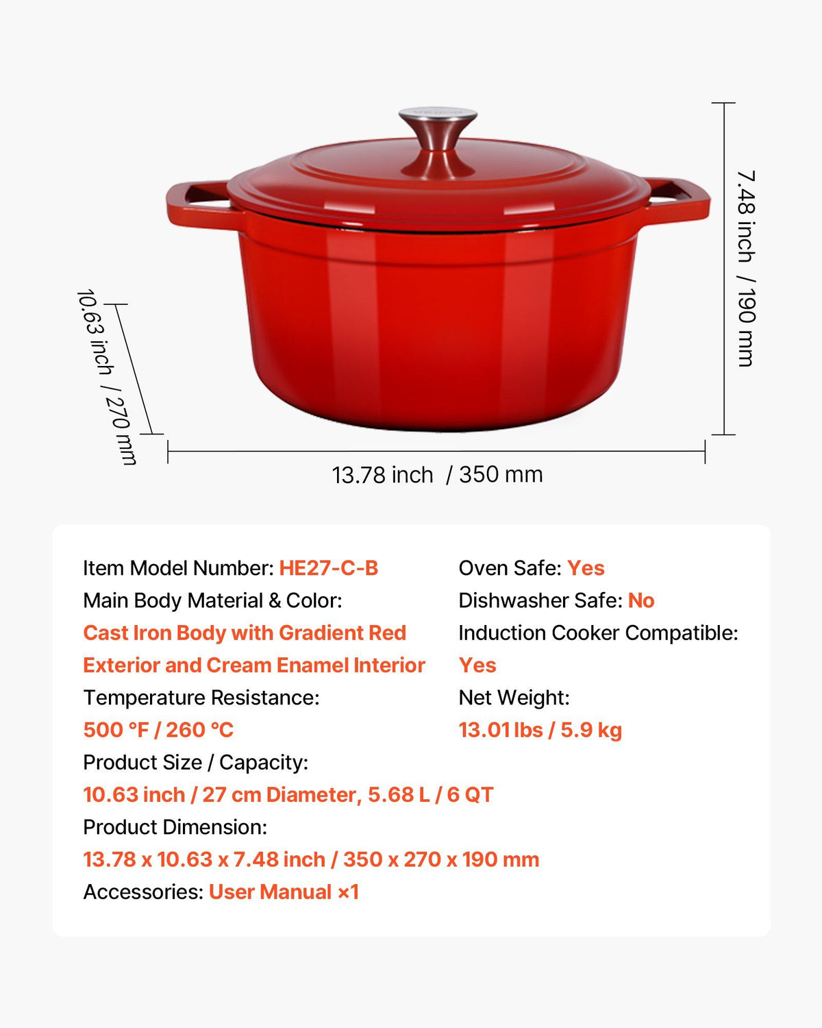 Enameled Cast Iron Dutch Oven, 5.7L Pot with Lid and Dual Handles, Heavy-Duty Durable Cookware Pan, Oven V952-ZTHLKX6QTTCTO54AA001V0