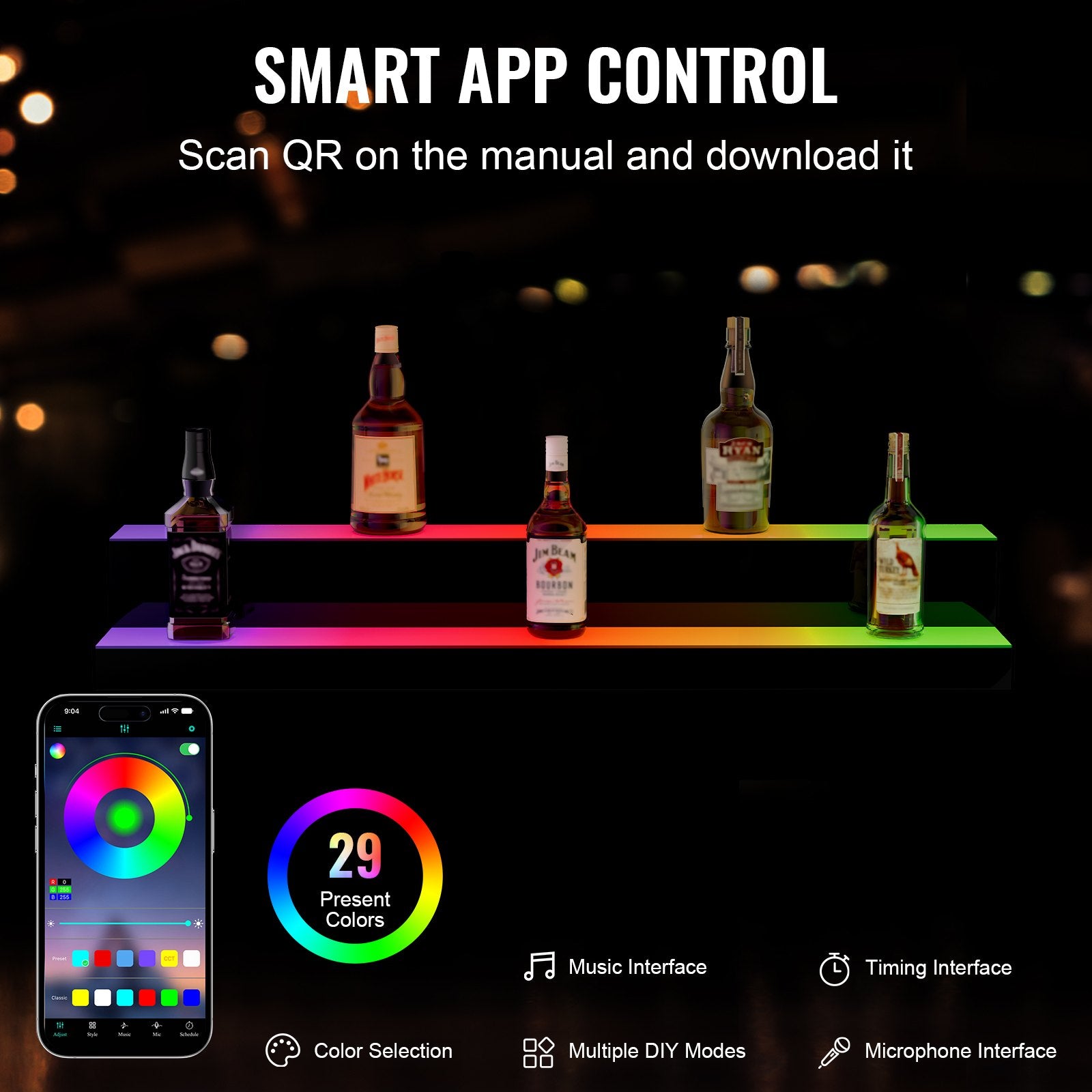 LED Lighted Liquor Bottle Display, 2 Tiers 40 Inch Commercial Illuminated Home Bar Shelf, 2 Steps Whiskey V952-ZTXJPLED240RF8ZR0V3