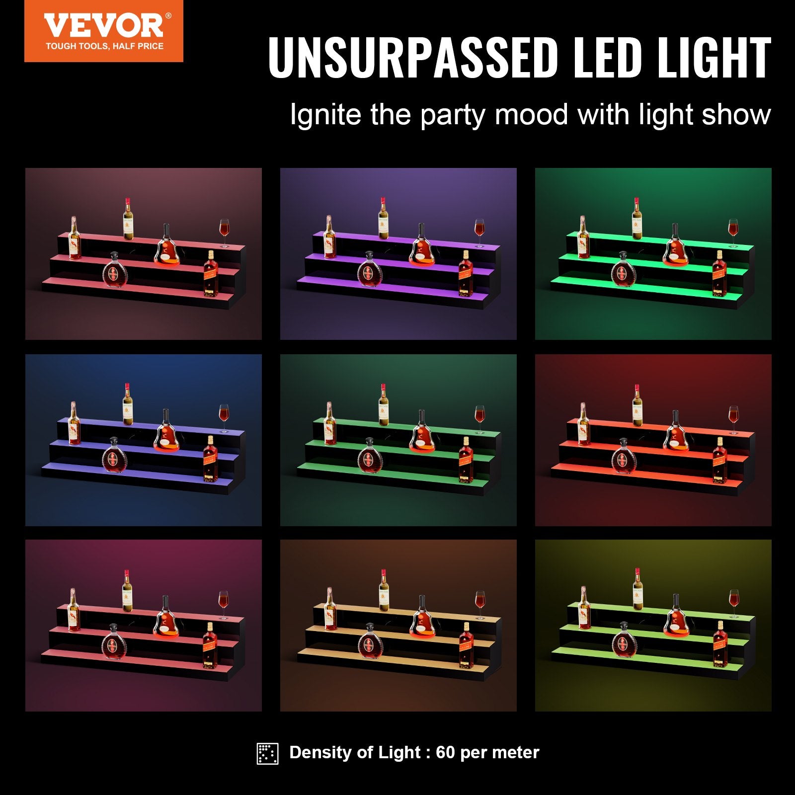LED Lighted Liquor Bottle Display, 3 Tiers 40 Inch Commercial Illuminated Home Bar Shelf, 3 Steps Whiskey V952-ZTXJPLED340RFAVHOV3