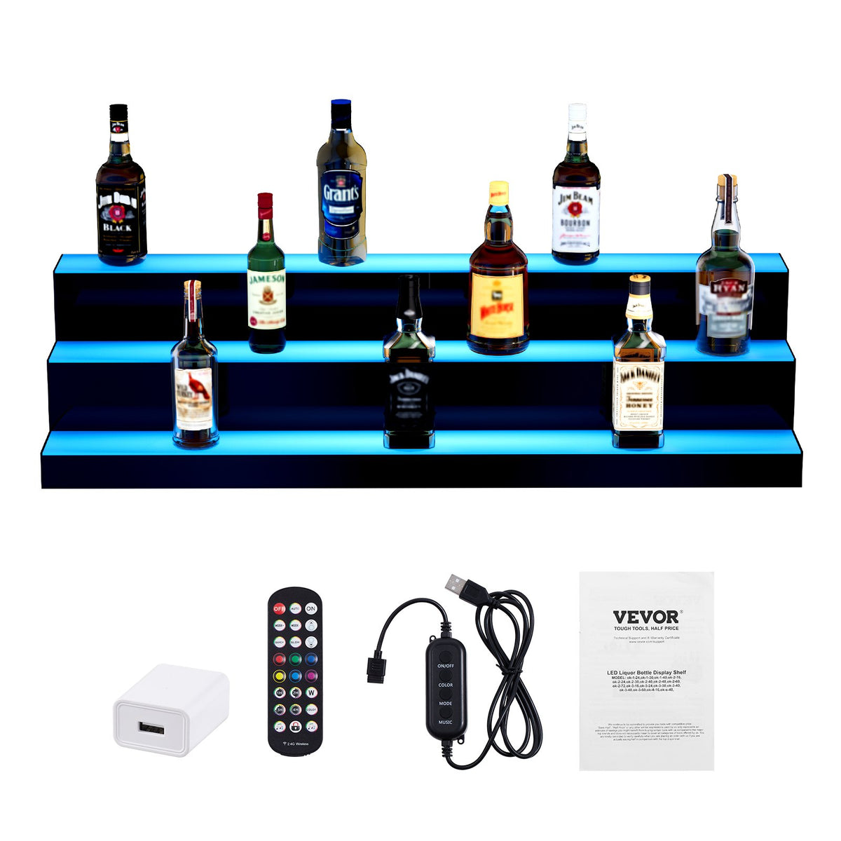 LED Lighted Liquor Bottle Display, 3 Tiers 40 Inch Commercial Illuminated Home Bar Shelf, 3 Steps Whiskey V952-ZTXJPLED340RFAVHOV3