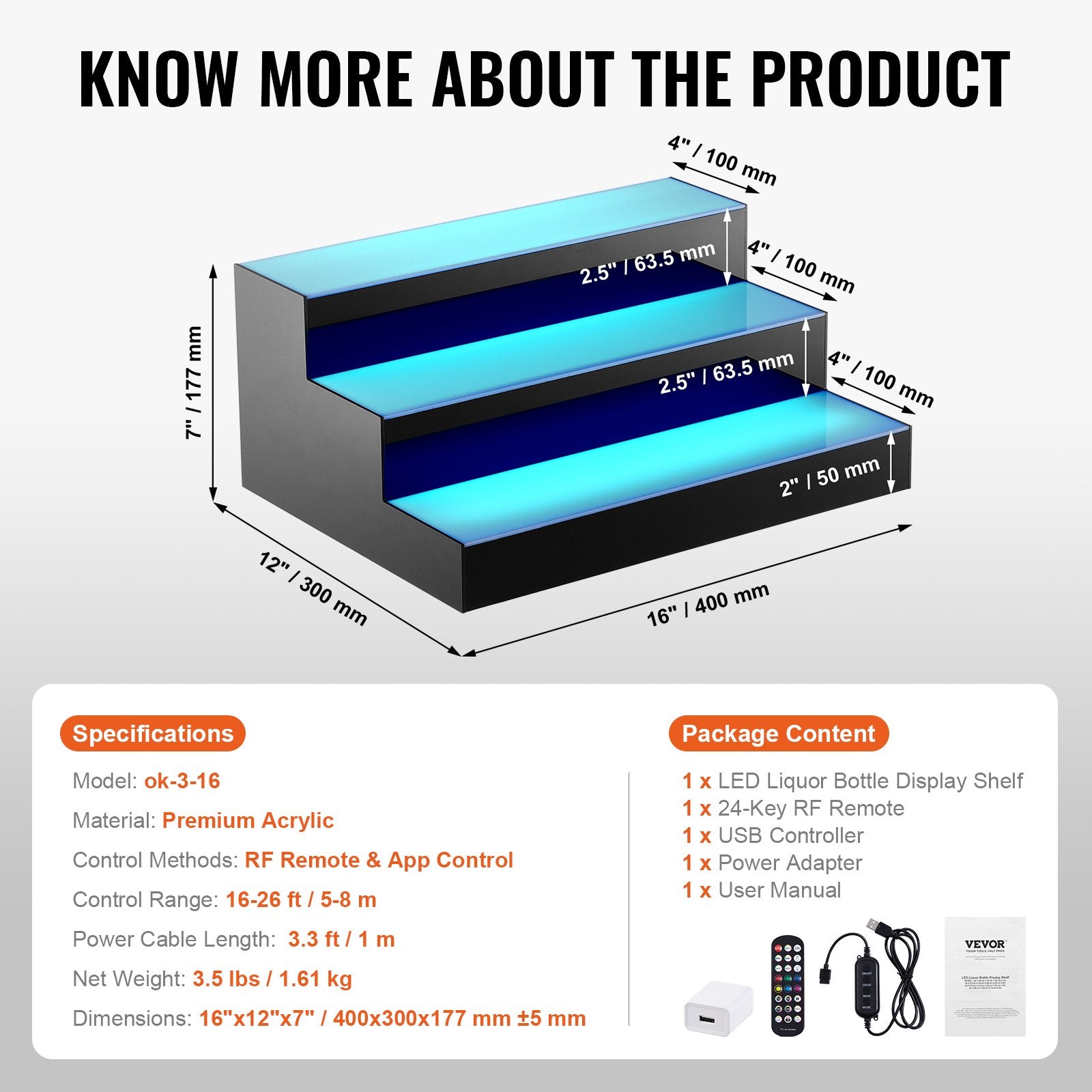 LED Lighted Liquor Bottle Display Bar Shelf RF & App Control 406mm 3-Step V952-ZTXLEDJPZSJ3GG3HZV3